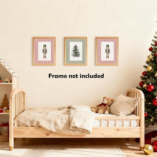 Miniatura 6 de XWELLDAN Juego de 3 cuadros retro con diseño de cascanueces y árbol de Navidad, diseño de rayas, 8 x 10 pulgadas, sin marco Navidad rojo y