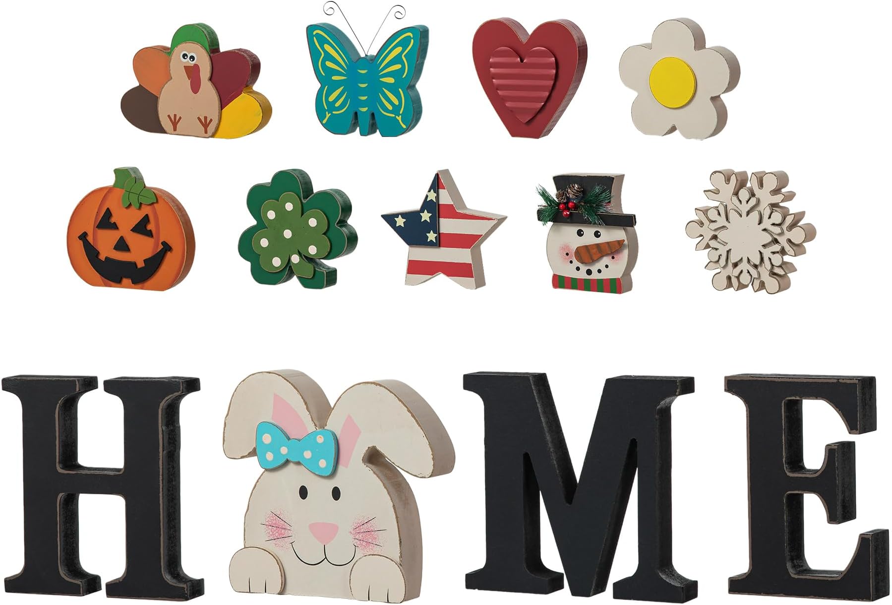 glitzhomeInterchangeable Home Table Signs with 13 Pcs Seasonal Icons, Wooden Interchangeable HOME Sign for Holiday Decor, Home Letter Sign Ornaments Set Interchangeable Holiday Decorative Shelf Sign