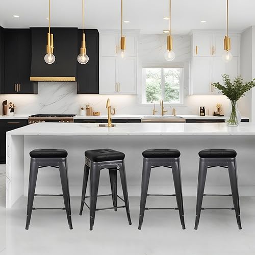 Miniatura 63 de GIA Taburete de mostrador sin respaldo de 24 pulgadas, cantidad de 4, bronce con asiento de madera clara Negro -,Café,Gris,gris, (Gun