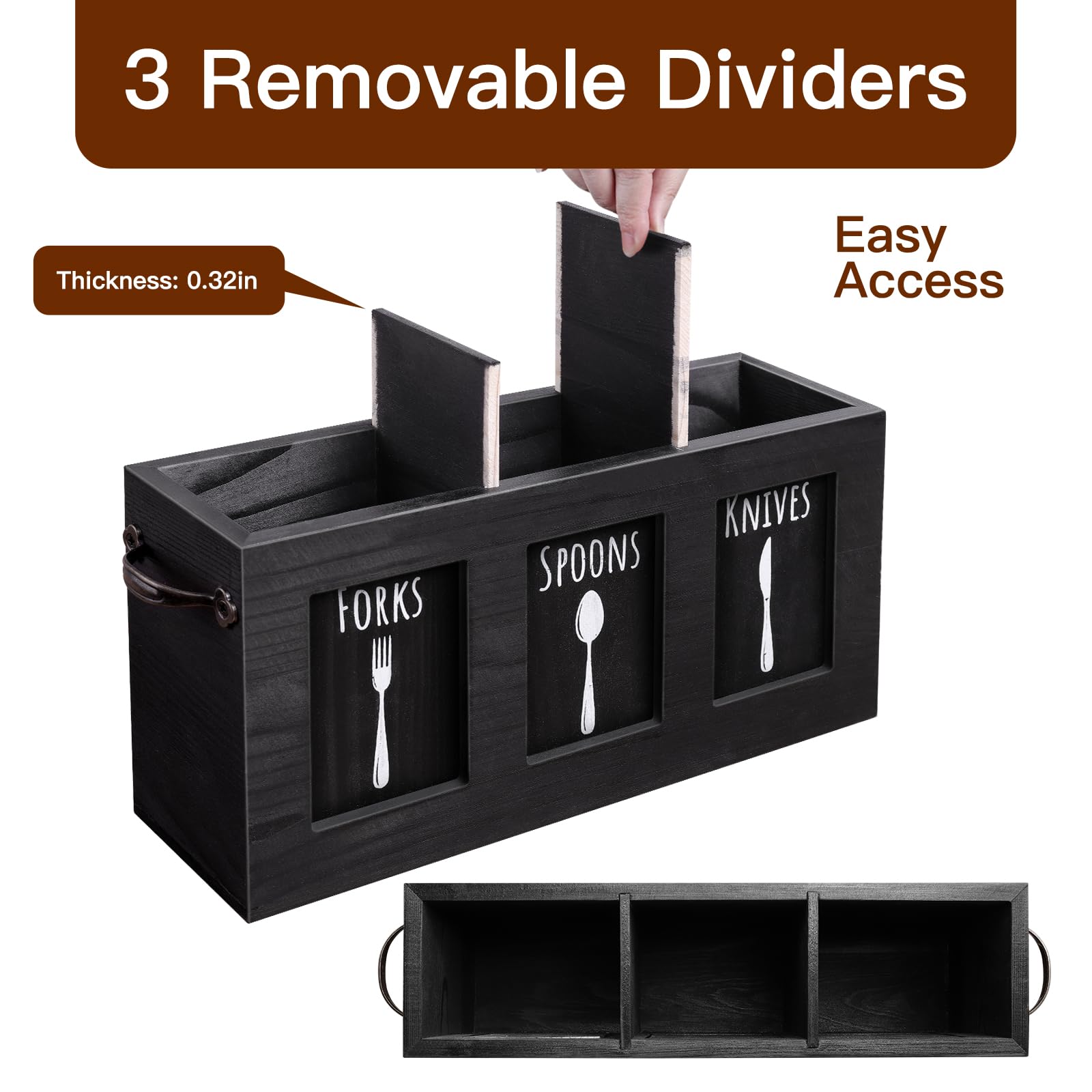 MINCORD - Organizer per posate in legno, stile rustico, per forchette, cucchiai, coltelli, posate da cucina country, nero