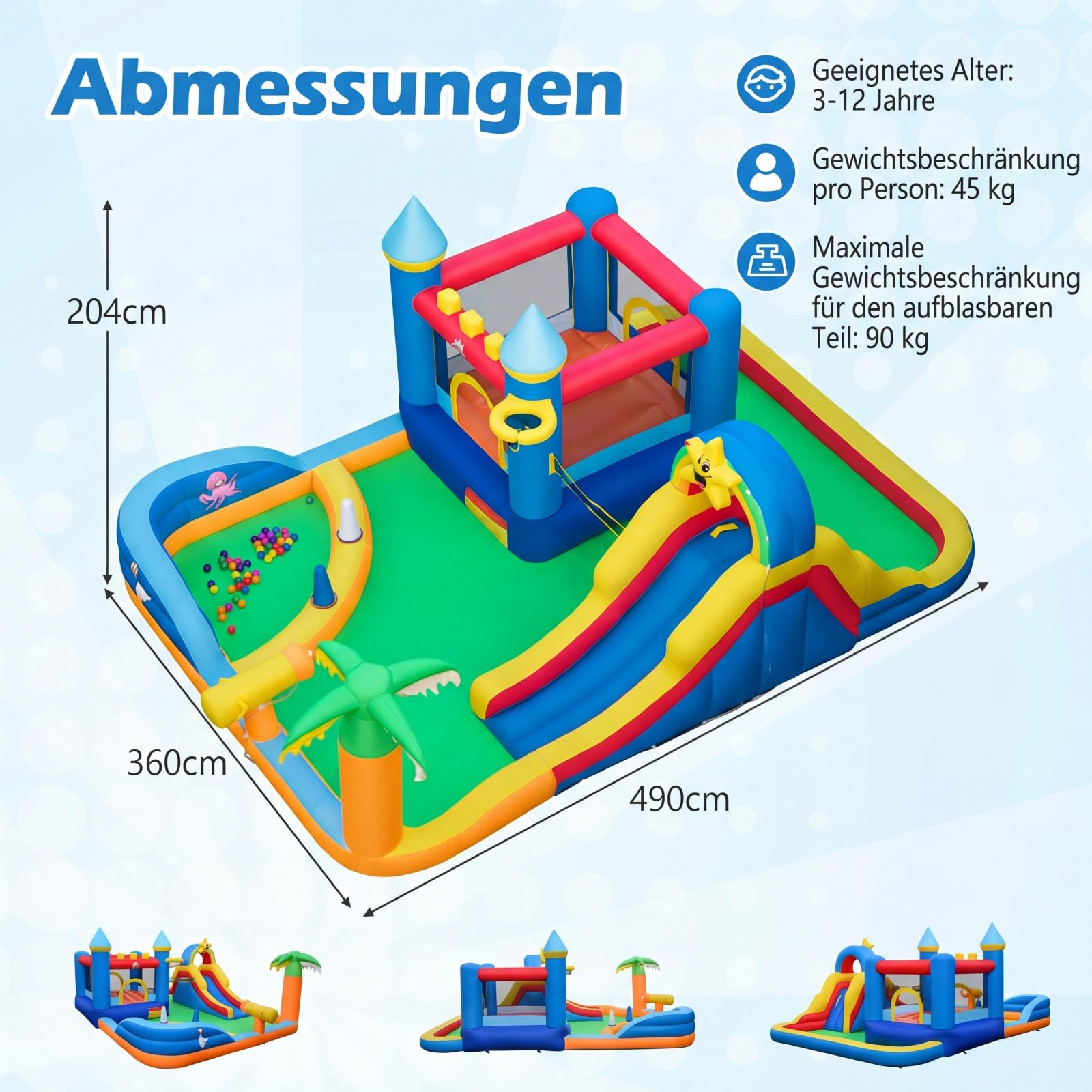 COSTWAY Hüpfburg mit Wasserrutsche, Kletterwand, Sprungbereich, Bällebad, Ringwurfspiel, Wasserkanone, Fußball, Basketball & Volleyball, Wasserhüpfburg für Kinder, Wasserpark für Außenbereich