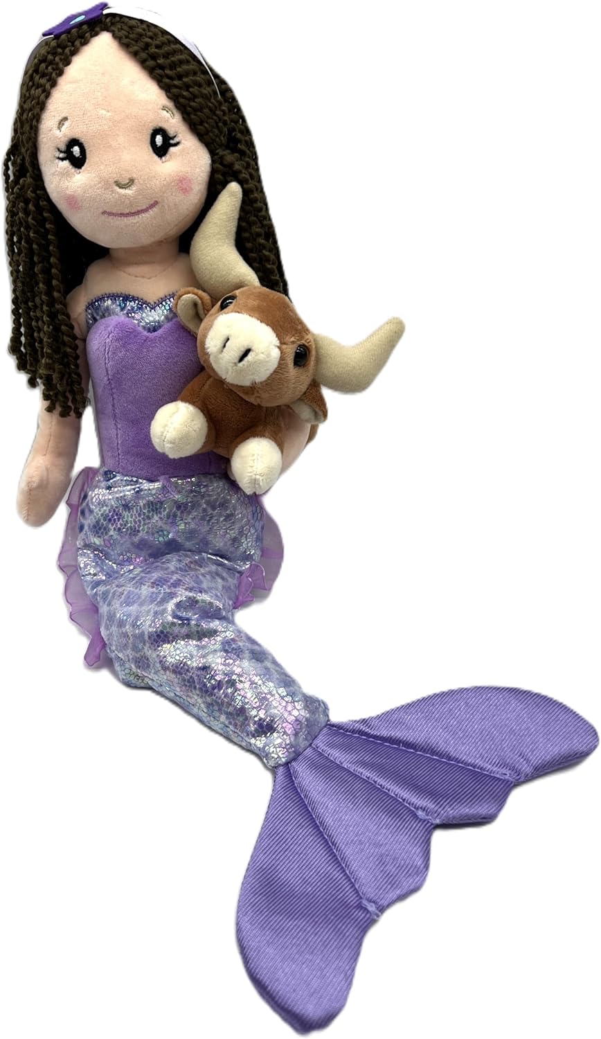 The Petting Zoo, Mermaid Doll with Longhorn Cow Stuffed Animal, Gifts for Girls Plush Mermaid Doll with Long Horn Plush Toy, 17 inch, Brunette