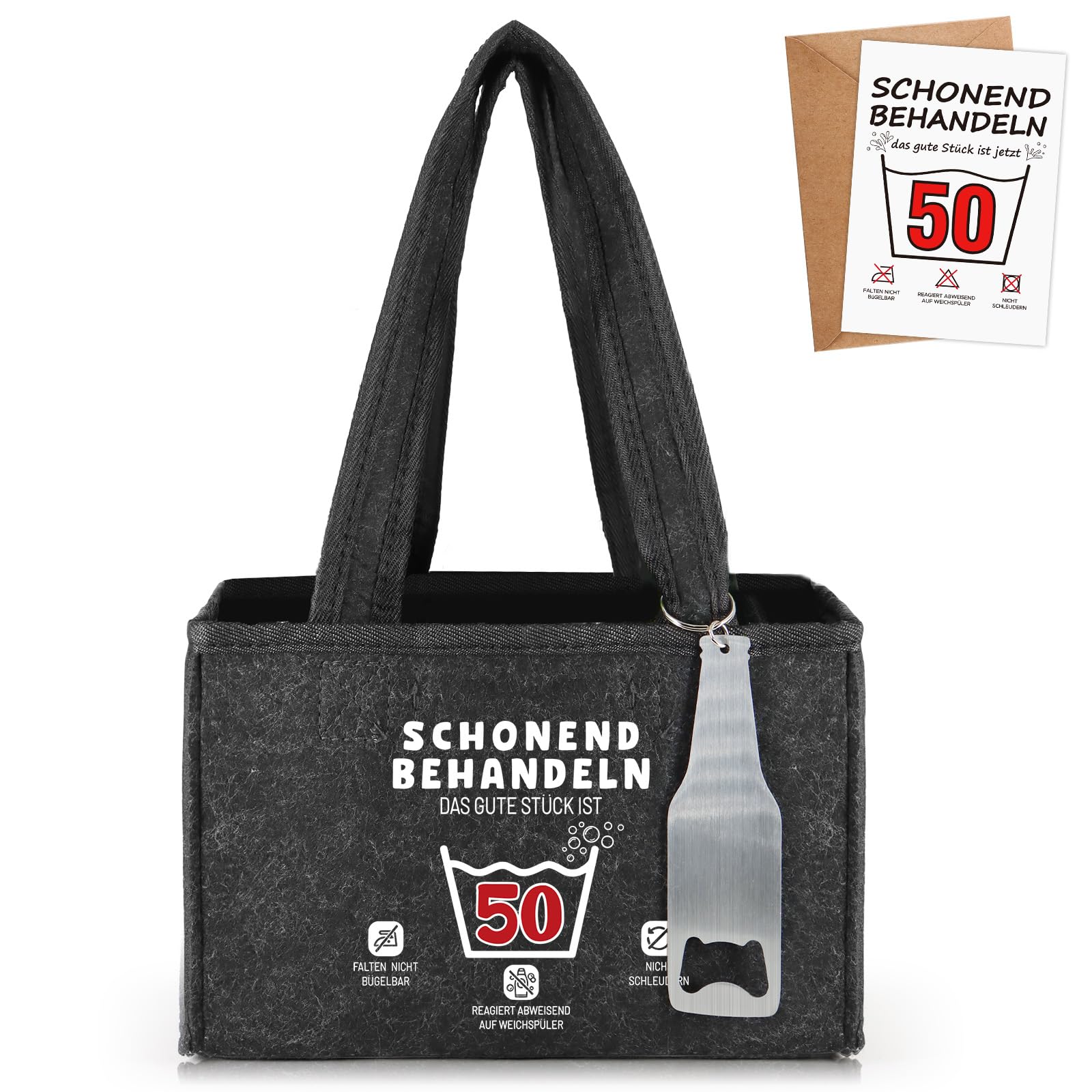 WenmthG Schonend Behandeln 50 Lustige Geschenke Geburtstag Männerhandtasche Bier mit Flaschenöffner und Grußkarten für Männer Frauen Freund, Männerhandtasche Bier Flaschenträger für 6 Bierflaschen