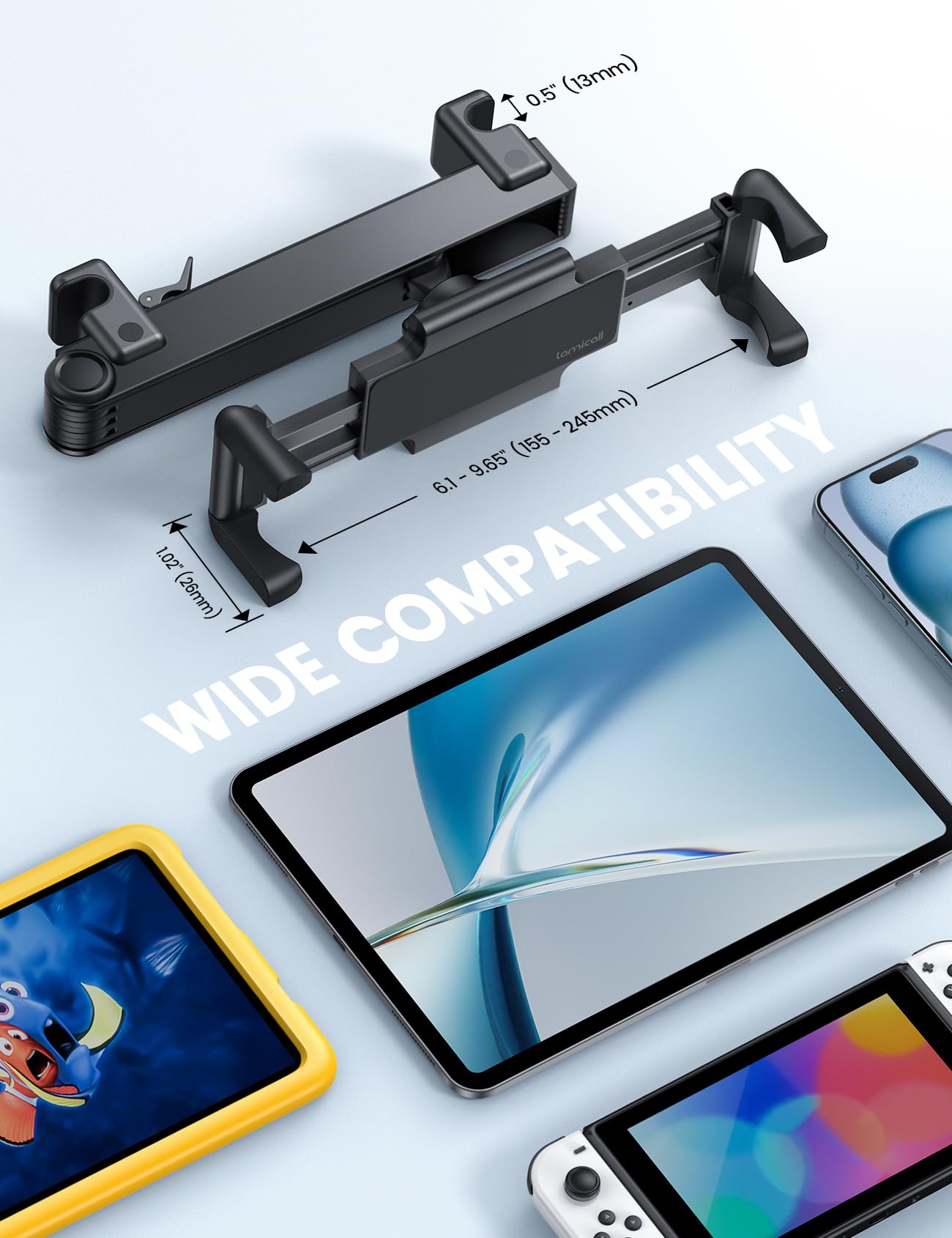 Lamicall Support Tablette Voiture - [Pliable Clip Silicone Largeur] [Bras Extension Métal] Support Tablette Appuie-tête, 360° Rotation, pour iPad Pro, Air, Mini 6 5 4 3, Tab, Autre 6,1 à 13" Appareil