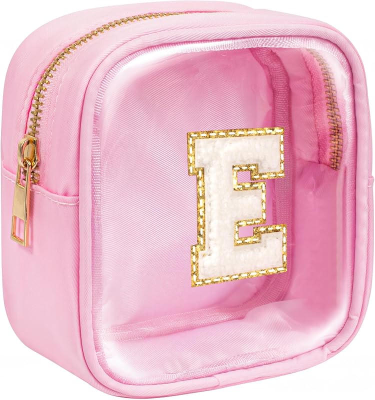 Necessaire transparente KOTORA com inicial, zíper e estampa Preppy rosa