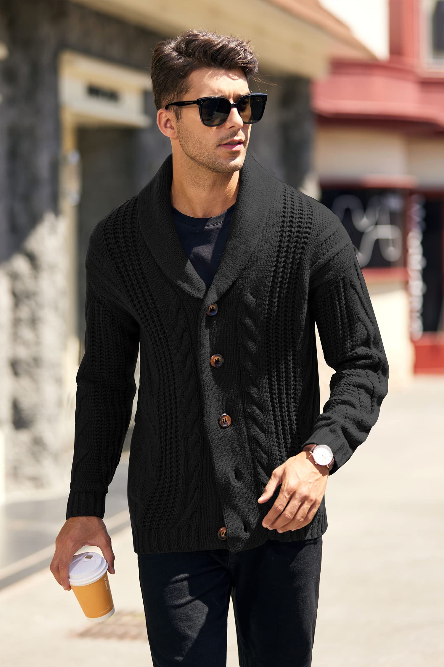 Mens Cable Knit Cardigan Sweater Shawl Collar Loose Fit Long Sleeve Casual Cardigans Black