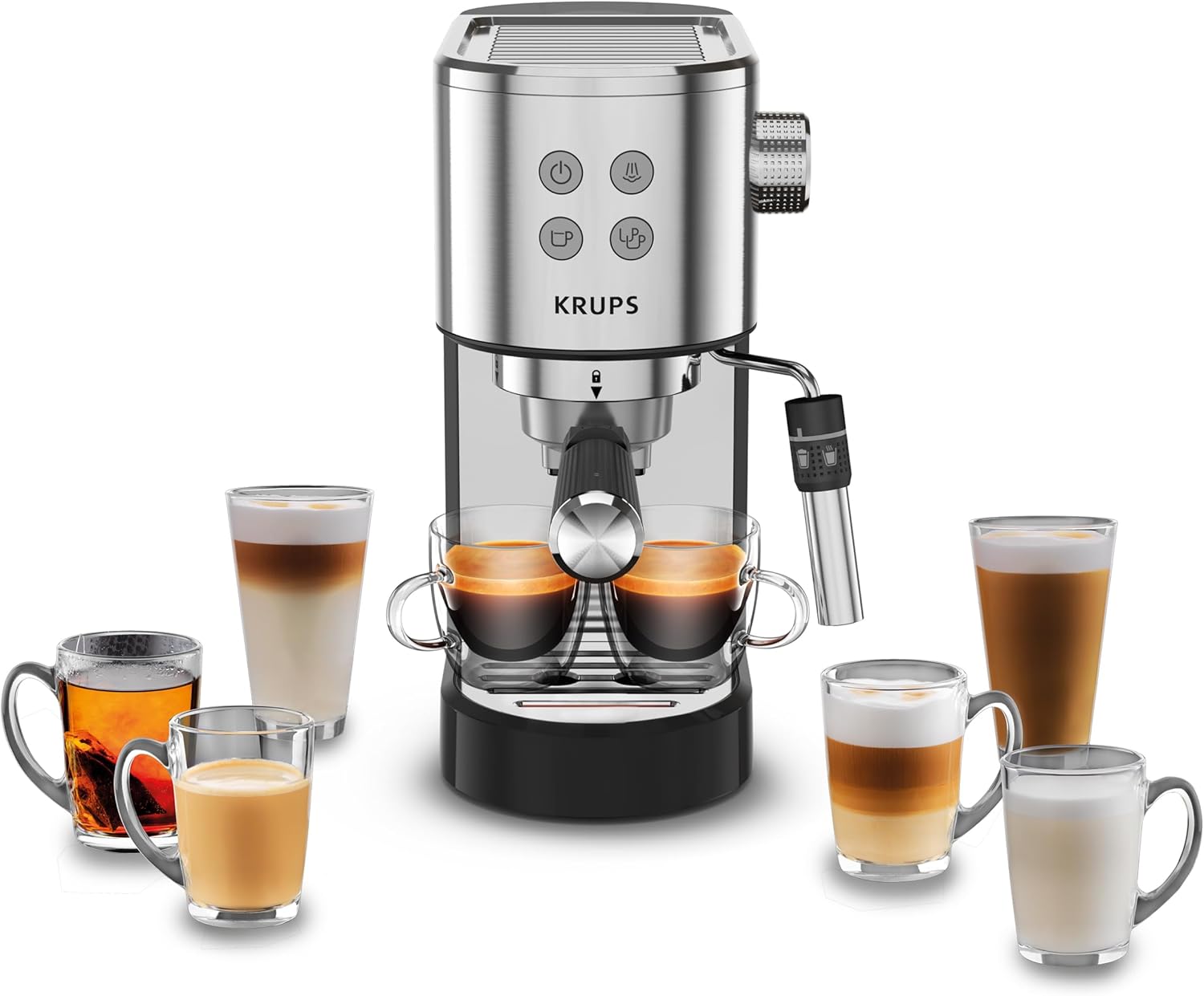 KRUPS XP444C50 2 Cups Espresso Machine | Stainless Steel | Tamper, Cup Warmer, Milk Frother, Easy to Eject Grounds 2-Cup Espresso