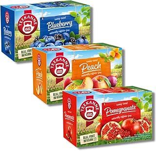 Chás alemães Teekanne Chá de Mirtilo 45g, Pêssego 50g e Chá de Romã 45g, contendo 20 saquinhos cada (Total 60 saquinhos, 140g)  