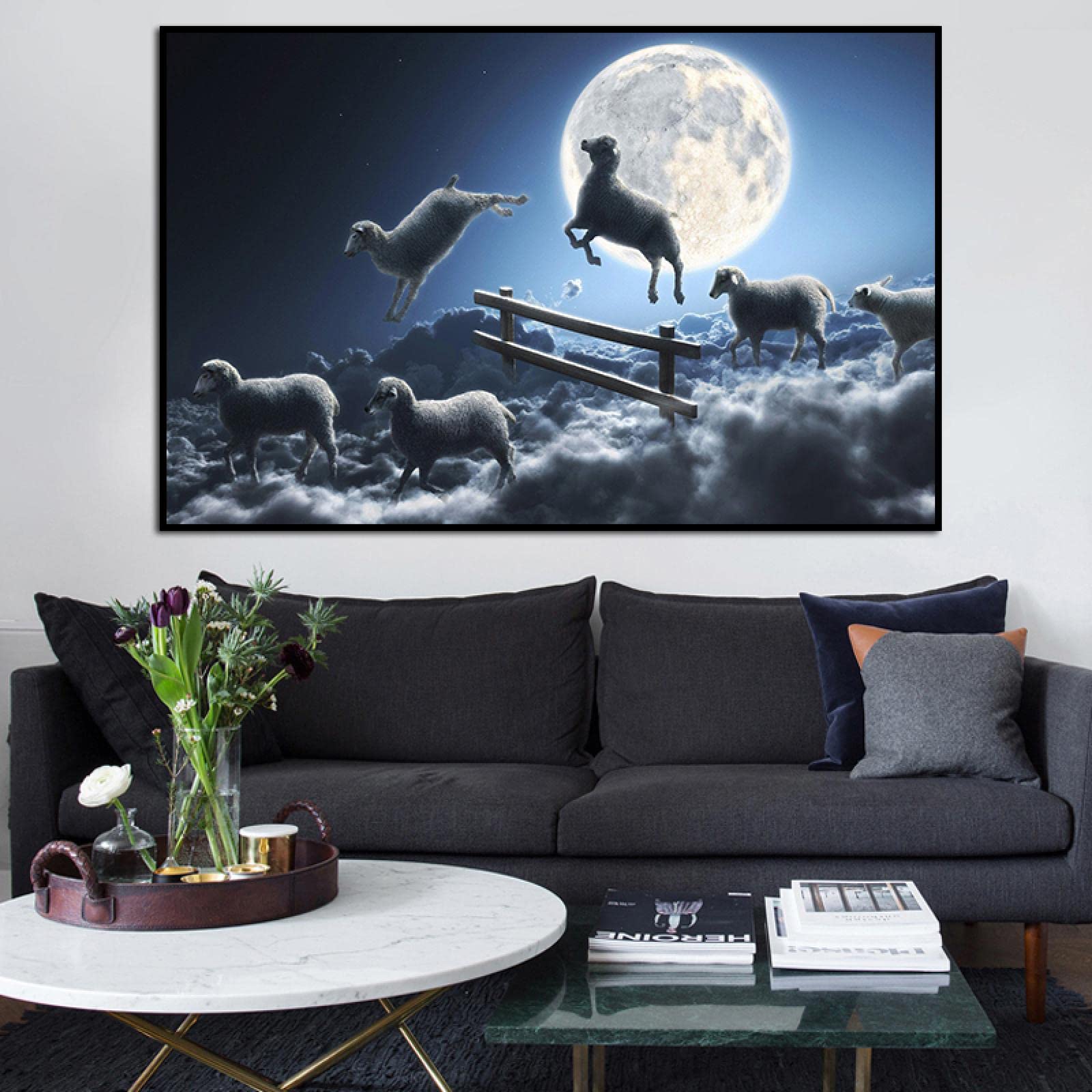 Amazon.co.jp: 空飛ぶ羊 ウォールアート プリント キャンバス 農場