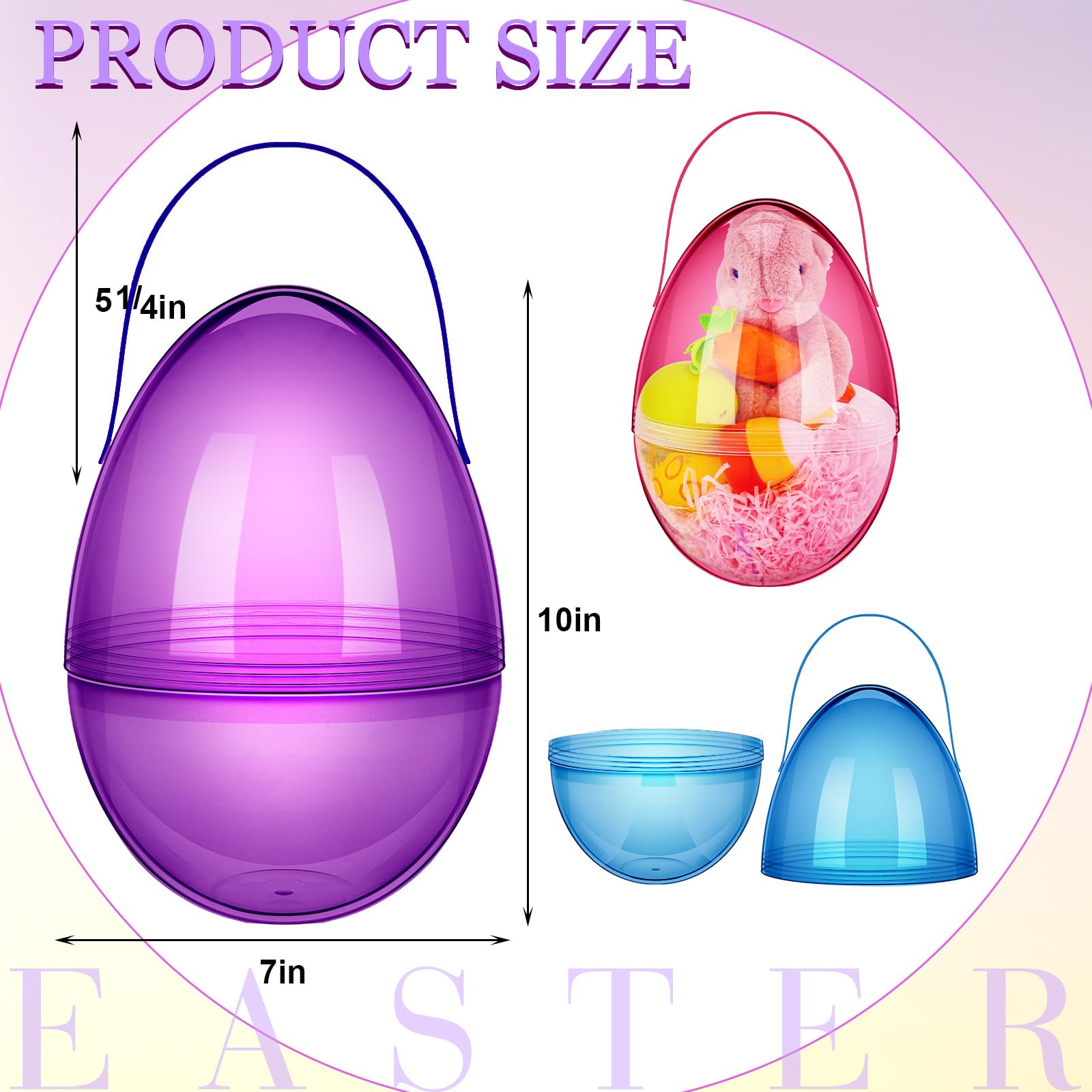 Funtery 8 Pcs Jumbo Easter Eggs 10 Inch Plastic Giant Easter Eggs with Handles, Clear Large Baskets Fillable Big Bunny Egg Shaped Baskets Containers Decoration (Multi Colors)