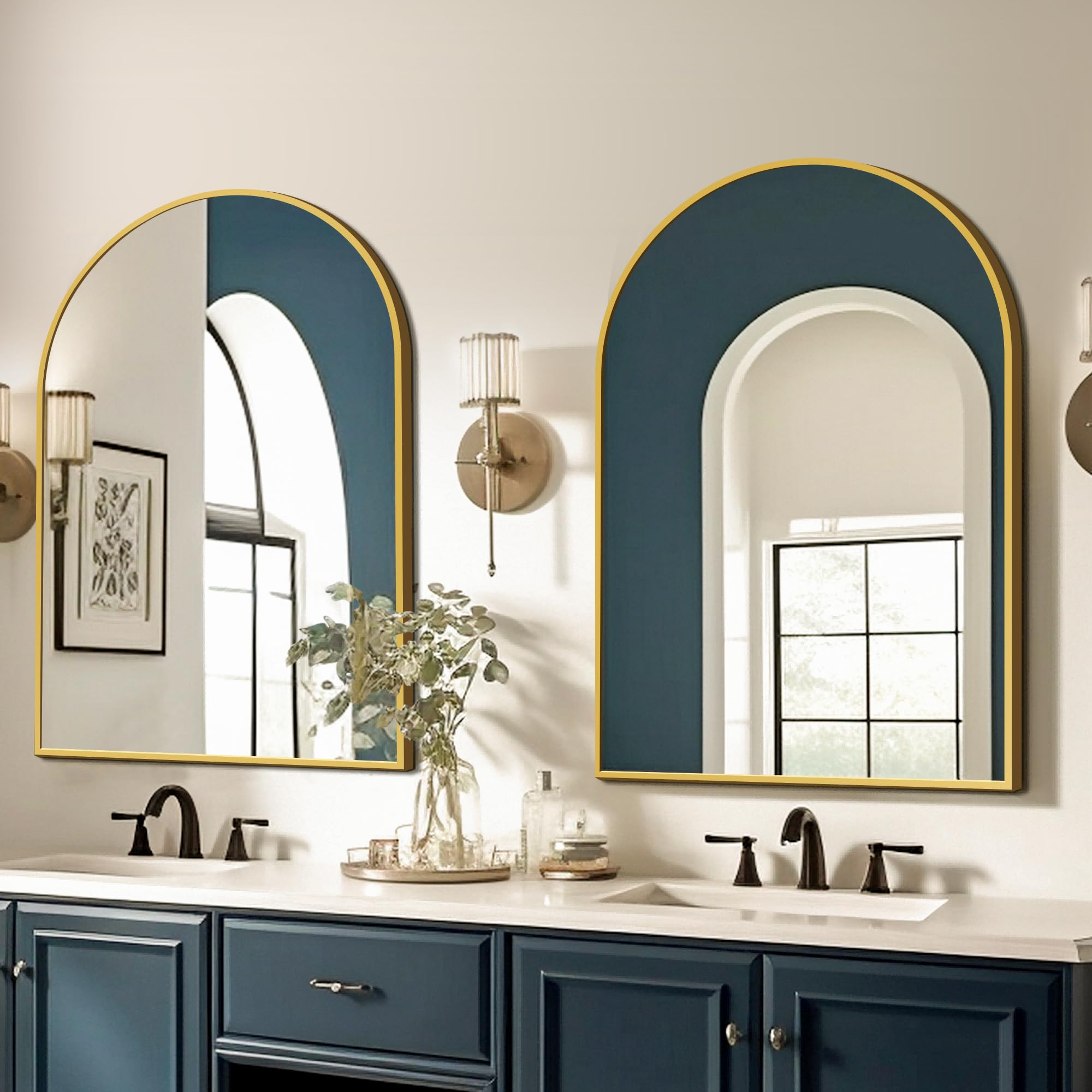 FICTOR Bathroom Vanity Mirror for Wall, 24''x36'' Arched Metal Framed Bathroom Mirror for Over Sink, Entryway, Living Room,Bedroom(Gold)