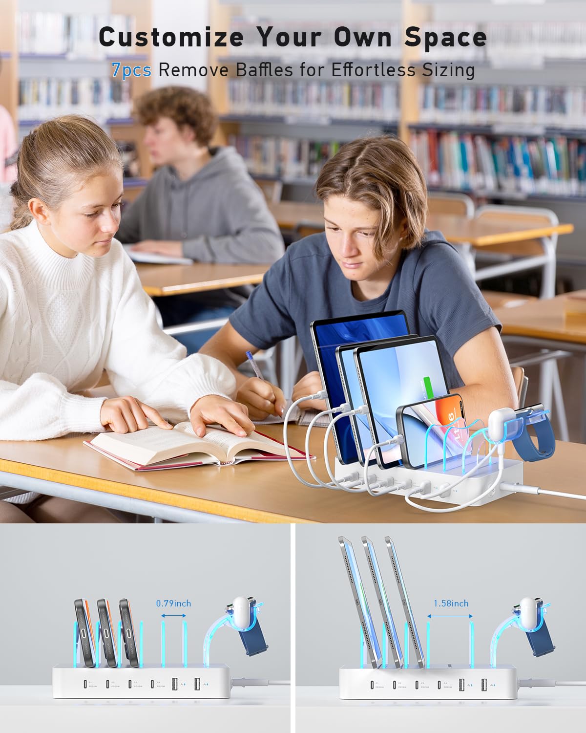 SooPii Stacja ładująca 90 W do wielu urządzeń, 6-portowa Multi USB C stacja ładująca z 6 mieszanymi krótkimi kablami, stacja ładująca PD 20 W do telefonów LPhone, Galaxy, iPad, tabletów i innych