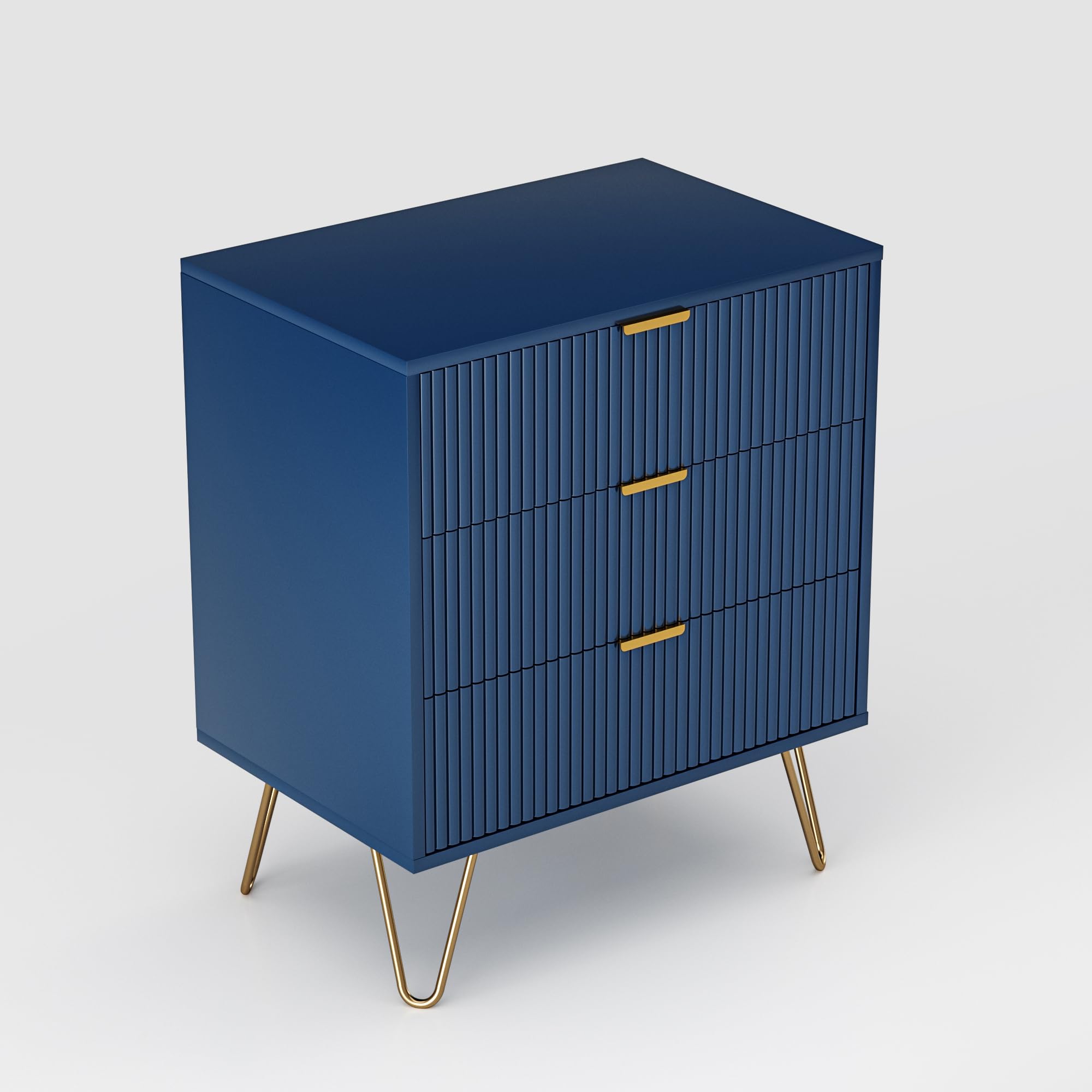 Comodino Moderno, Comò con 3 Cassetti, Tavolino da Salotto, Cassettiera per Camera da Letto, Soggiorno, Gambe in Metallo, Blu Scuro, 60 x 40 x 70 cm