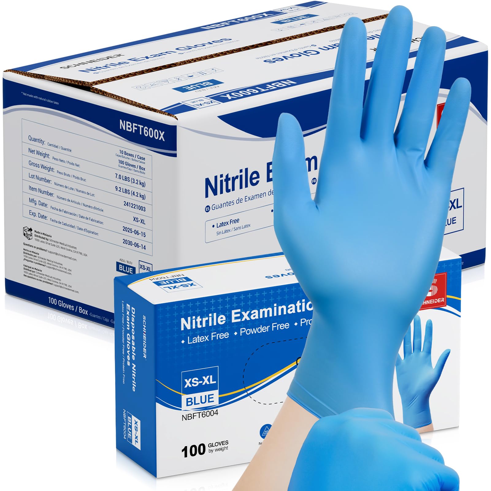 Schneider Nitrile Exam Gloves, Blue Disposable Gloves, Medical Grade, Food Grade, Latex Free