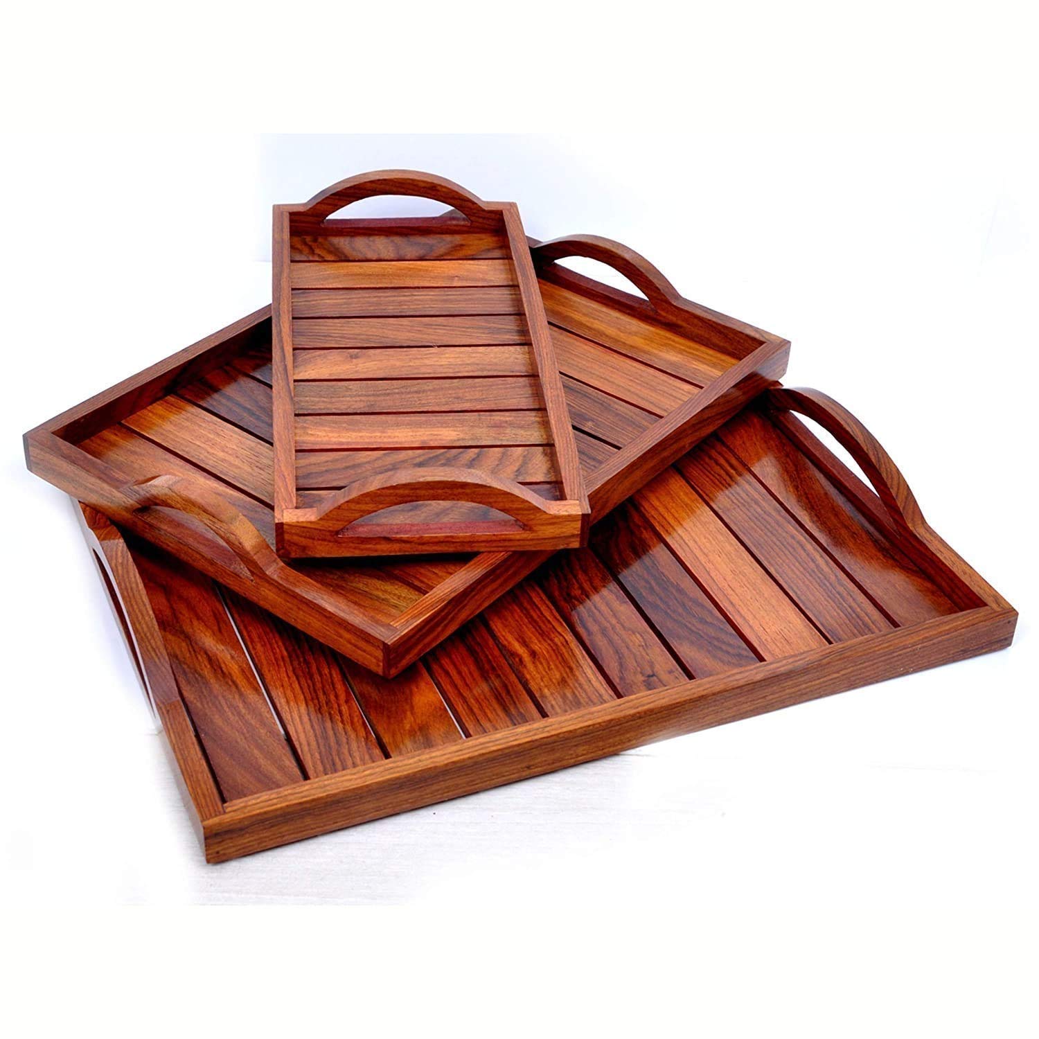 ANUDAM Beautiful Wooden Serving Tray Set of 3 (Round Fatti Tray)