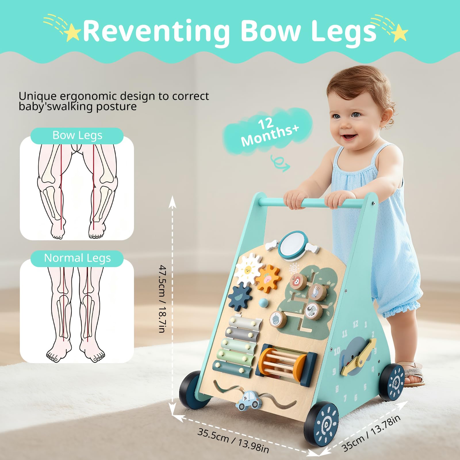 Girello in legno per bambini - Girello multifunzionale con giocattolo per le abilità motorie - Giocattolo didattico Montessori - 8 diverse aree di gioco - Regalo per bambini e bambine da 1 anno in su