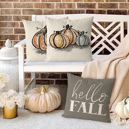 Miniatura 10 de GAGEC Juego de 4 fundas de almohada otoñales de 18 x 18 pulgadas, diseño de calabazas grises de cosecha otoñal, Hello Fall, decoración del hogar,