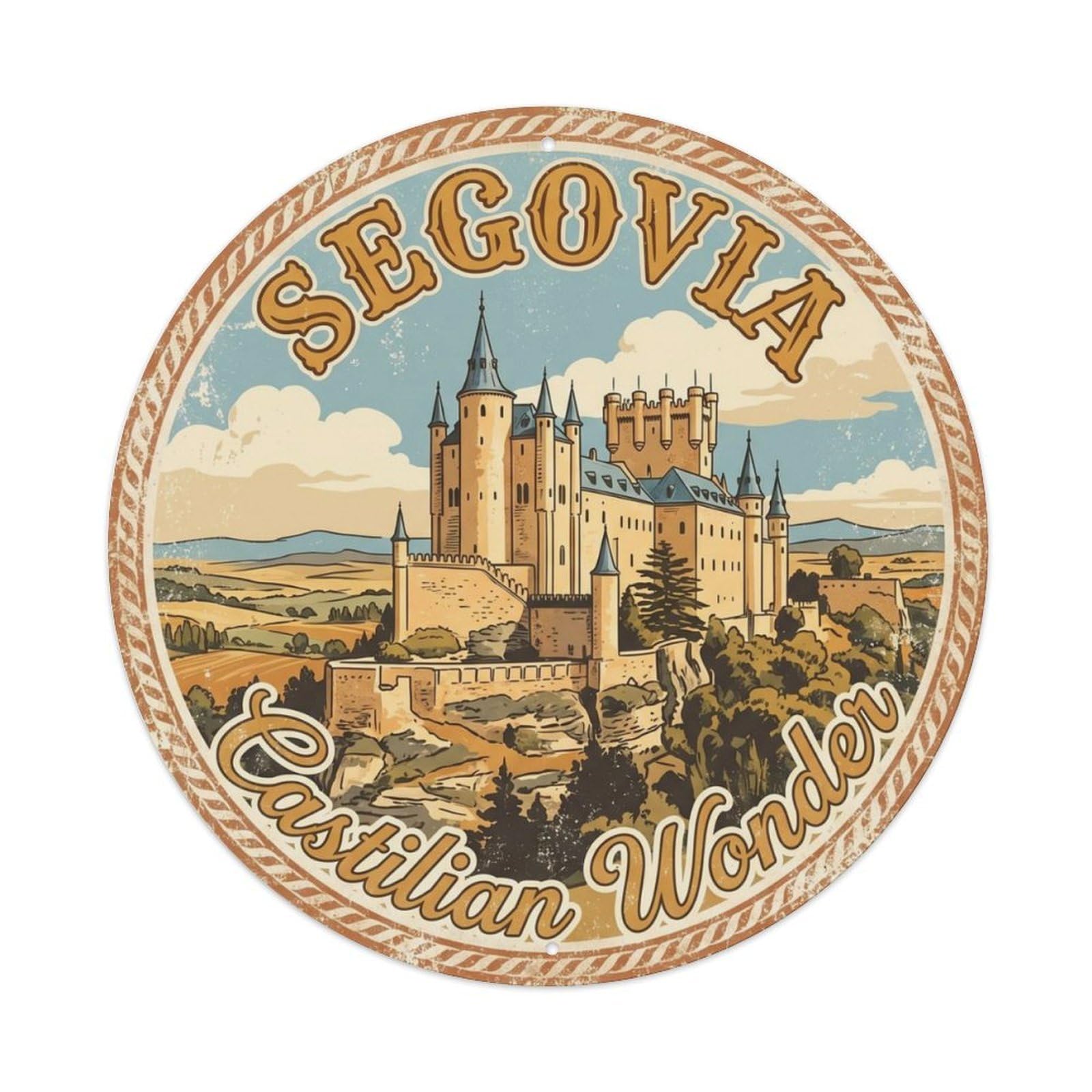 Vintage Travel Segovia Alcazar Spanish Metal Tin Sign Plaque Wall Decor for Cafe, Club Bar, Office, Home Garden Round Metal Poster 8x8Inch