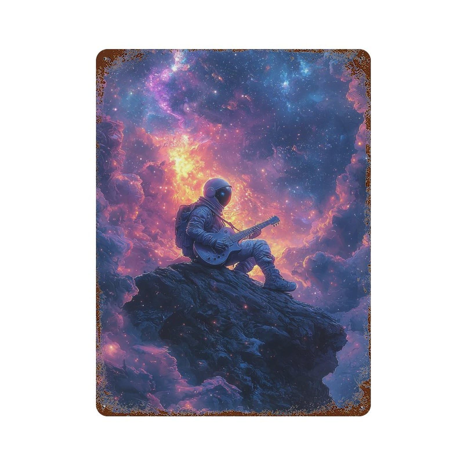 Astronaut Playing Guitar in Space-4 Rust Effect Tin Sign 15.7"x11.8", Farmhouse Wall Decor for Living Room, Hallway And Home Decor
