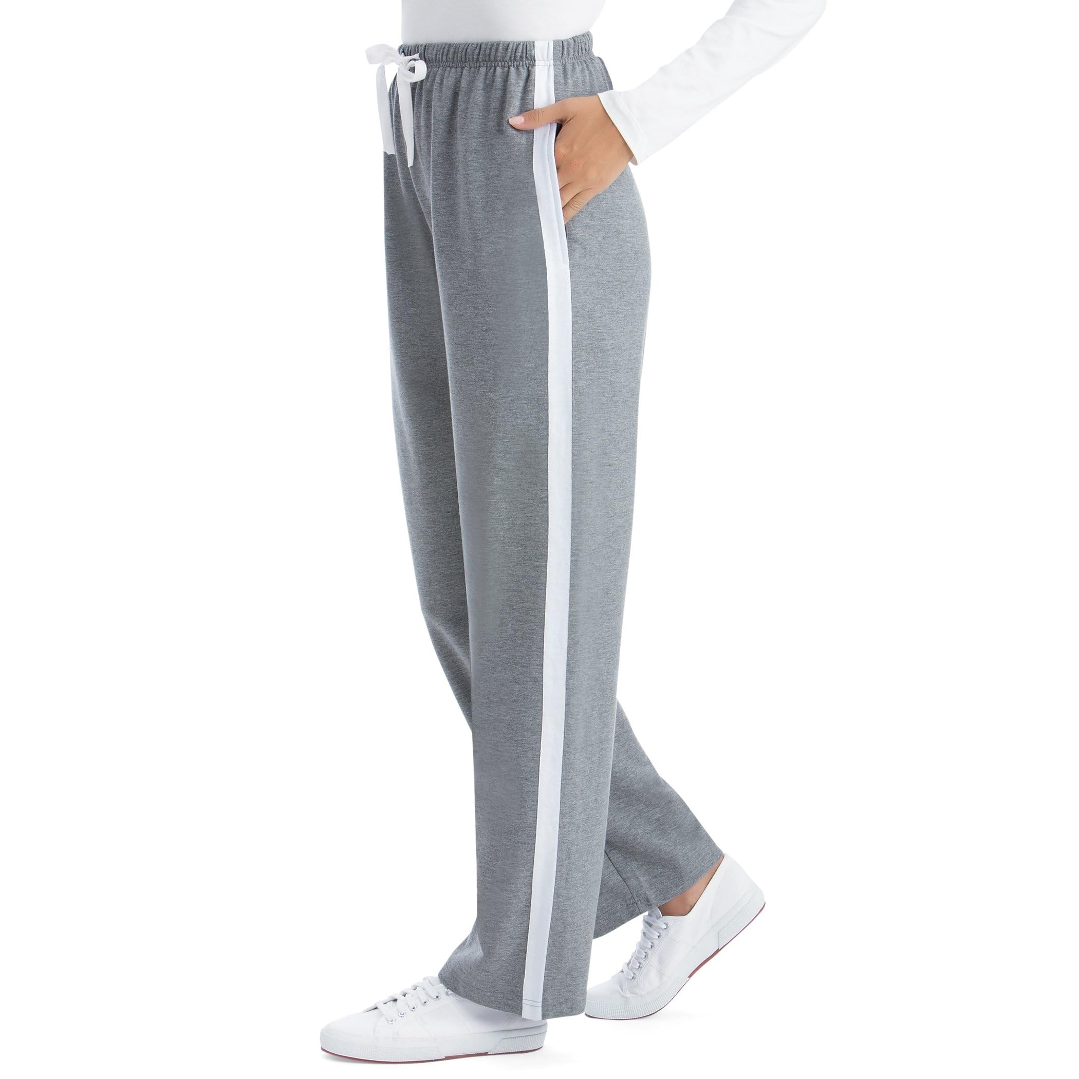 Collections Etc Womens Soft and Comfy Drawstring Pull-On Side Stripe Jogger Knit Pants Grey