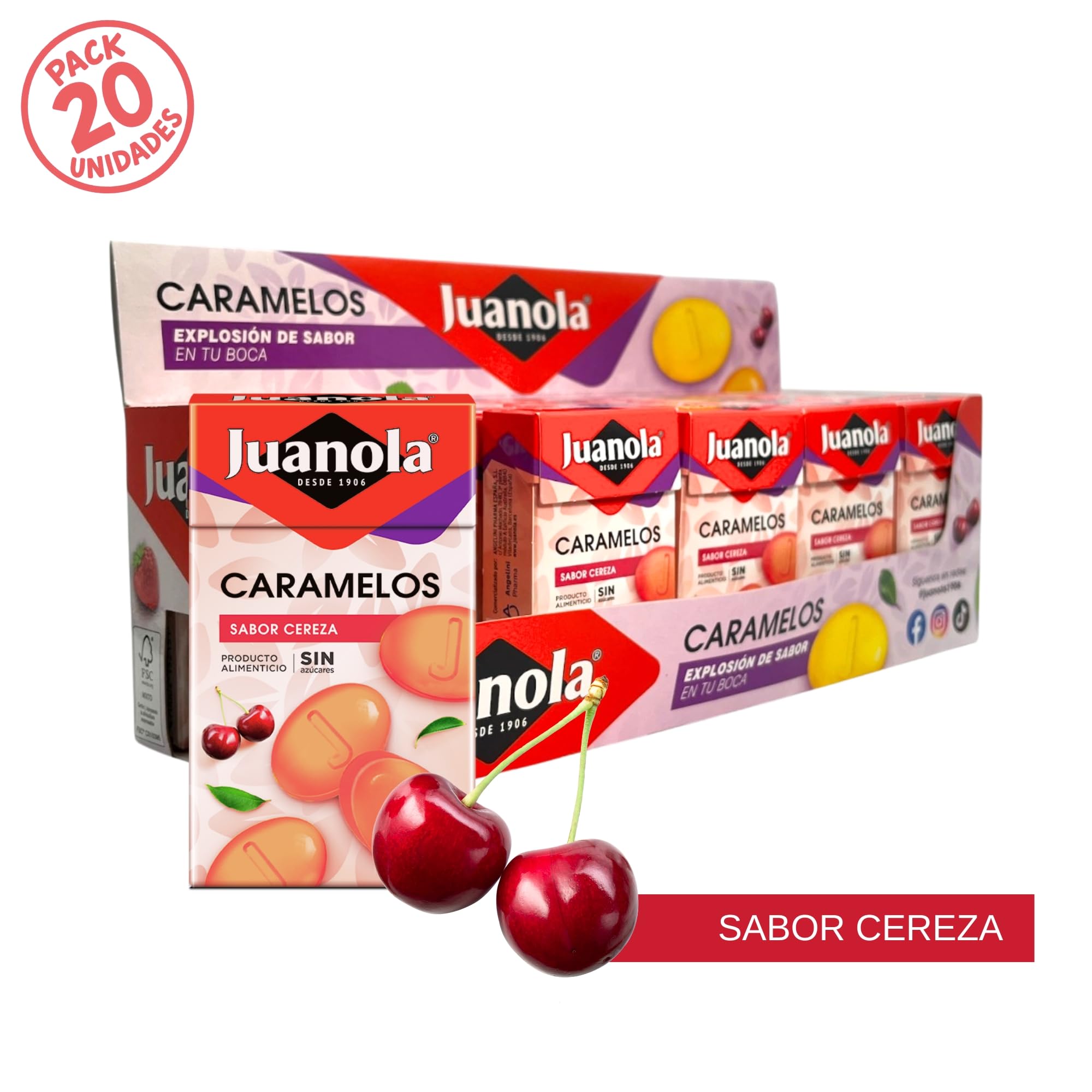 Juanola Caramelos Sabor Cereza - Sin azúcar, sin gluten - Con edulcorantes procedentes de la planta Stevia - Cómodo formato de bolsillo - Explosión de sabor en tu boca - Pack 20 uds