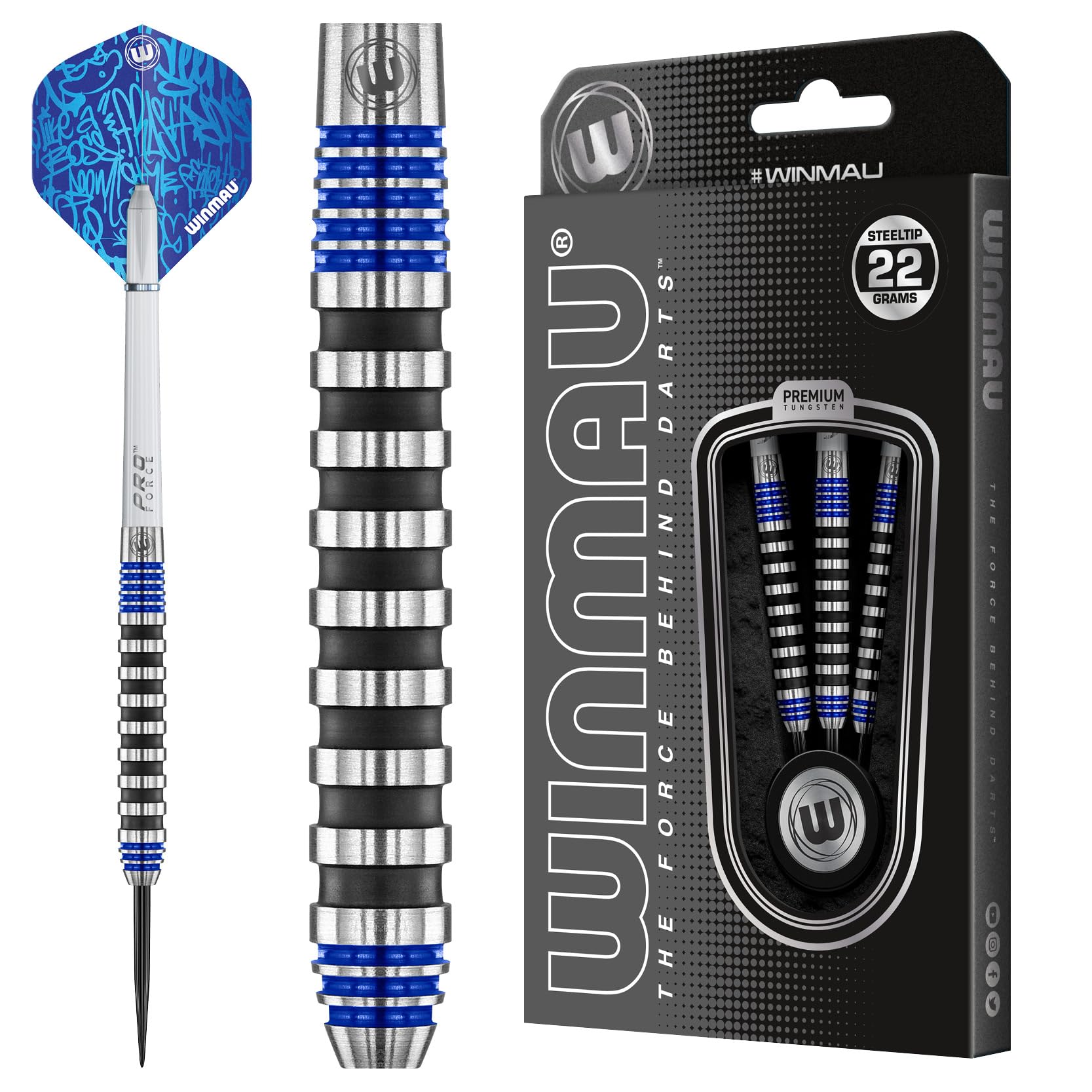 WINMAU Advance 500 Series Tungsten Blue 24 Gram Steeltip Darts Set including Flights and Shafts (Stems)
