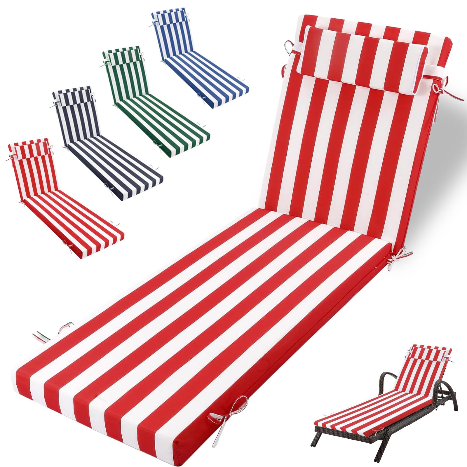 Outdoor Chaise Lounge Cushion, High-Density Foam Fill Patio Furniture Bench Cushions with Ties, Thicken Waterproof Replacement Back Chaise Cushions for Pool, Sand Beach (Red White Stripes)