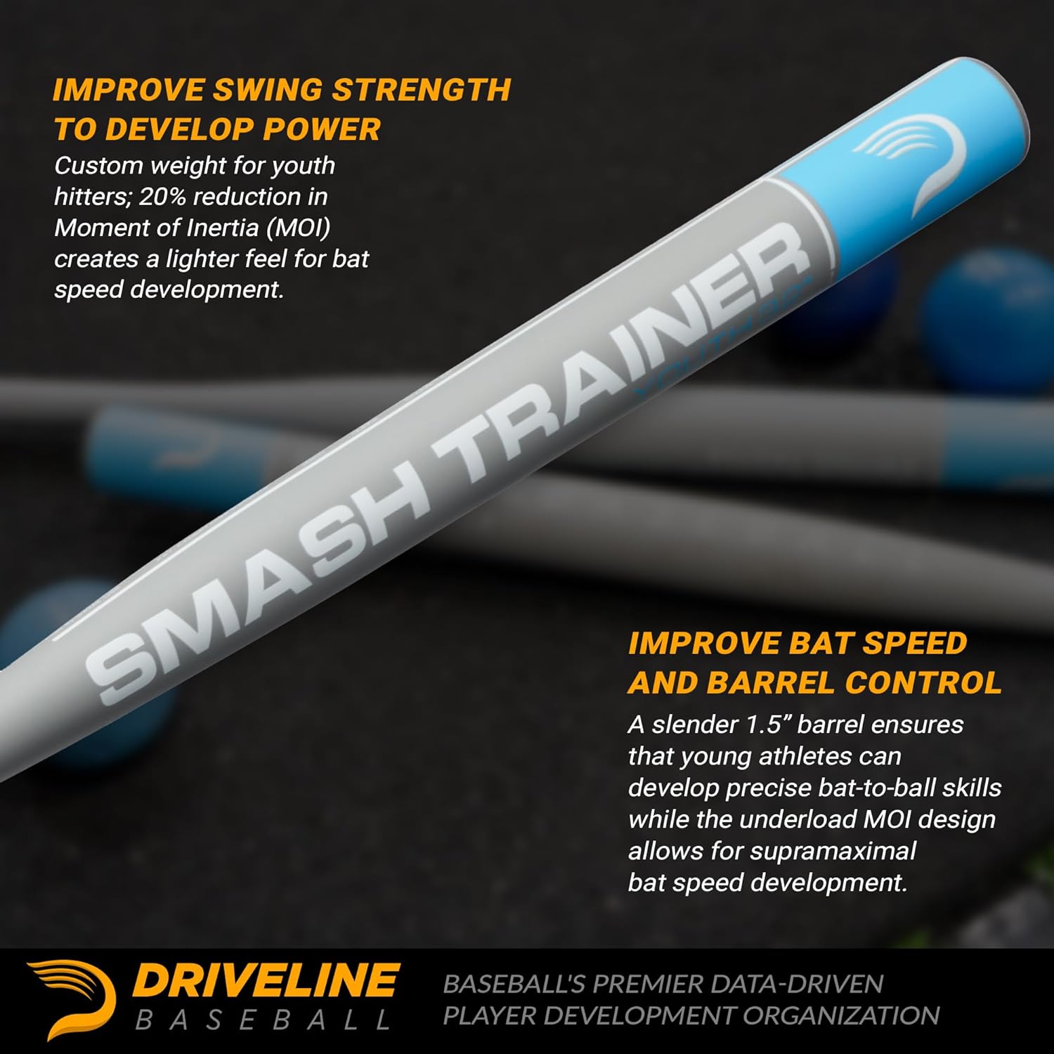 Driveline Baseball Youth Skinny Smash Bat - 1.5" Barrel (30" or 32") Aluminum Underload Practice Bat for Swing Speed and Power + Free Individual Programs