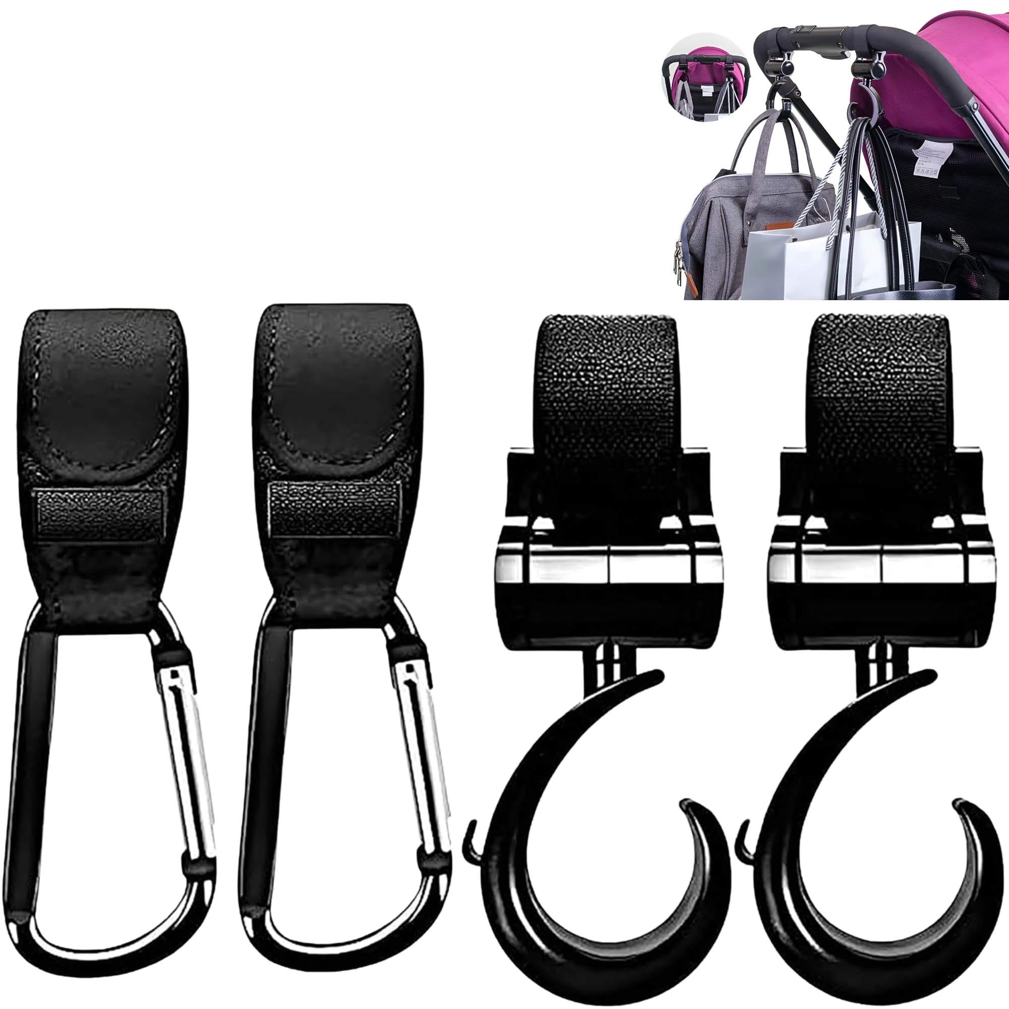 𝐁𝐮𝐳𝐲𝐁𝐞 Baby Stroller Hooks For Hanging Diaper Bags - 4 Pcs Heavy Duty 360° Rotatable Hooks for Shopping Bag, Purses, Clothing, Grocery and Accessories - 2 Premium Leather Hook + 2 Sturdy Metal