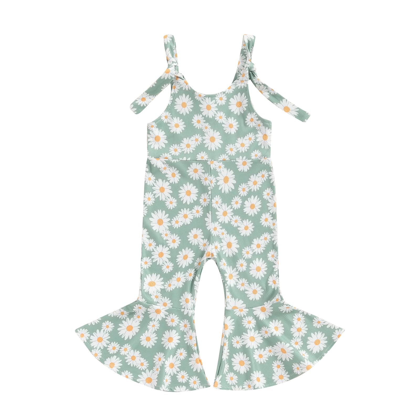 Baby Girl Bell Bottoms Romper Floral Overalls Sleeveless Flared Jumpsuit Cute Toddler Summer Clothes (Light Green, 2-3 Years)