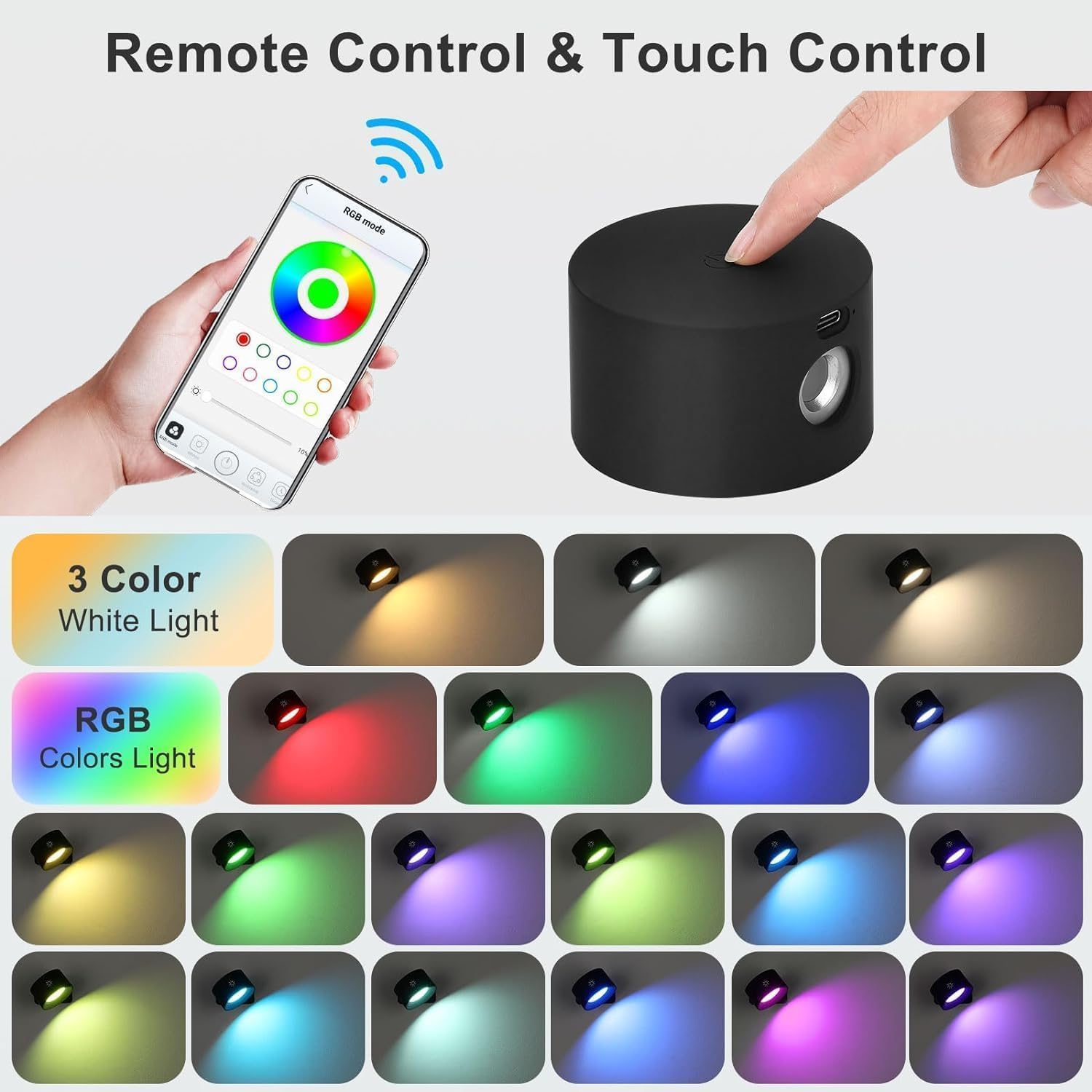Lightess Smart LED Wall Sconces Set of 2, Dimmable Wall Mounted Lamp with RGB Mode & APP Control, 5000mAh Rechargeable Battery Operated Wall Light for Bedroom Reading Bedside, Black