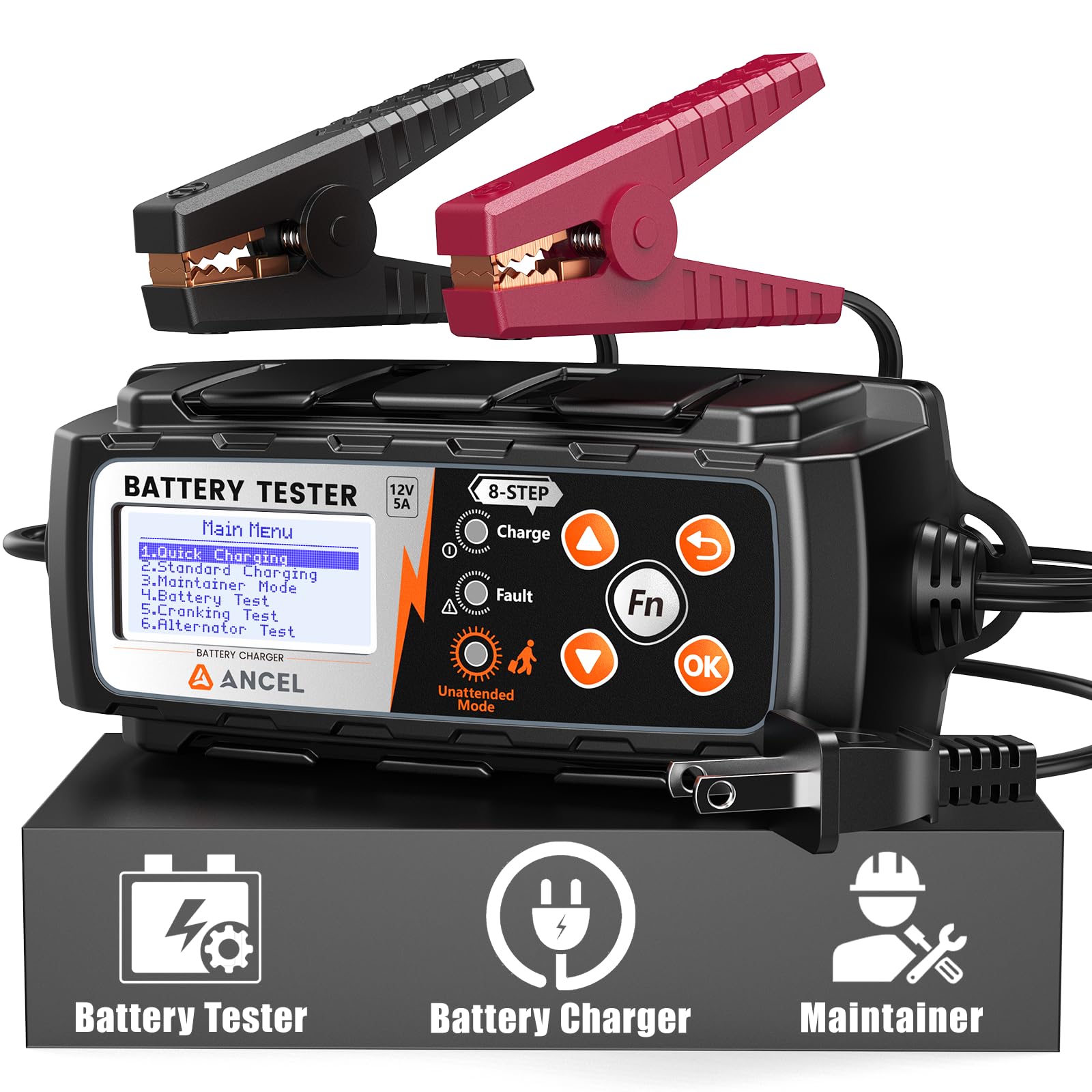 ANCEL BT521 3-in-1 Car Battery Charger, Tester and Maintainer for 12V Lead-Acid Batteries, 5A Smart Trickle Charger and Desulfator with Overcharge Protection & Temperature Compensation, LCD Display