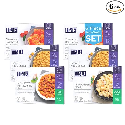 HMR Pasta Classics Entree Bundle 1 ea Penne Pasta w/Meatballs, 1 ea Rotini Chicken Alfredo, 2 ea Cheese & Basil Ravioli, and 2 ea Creamy Mac & Cheese, 7-8 oz, 6 Ready to Eat Meals