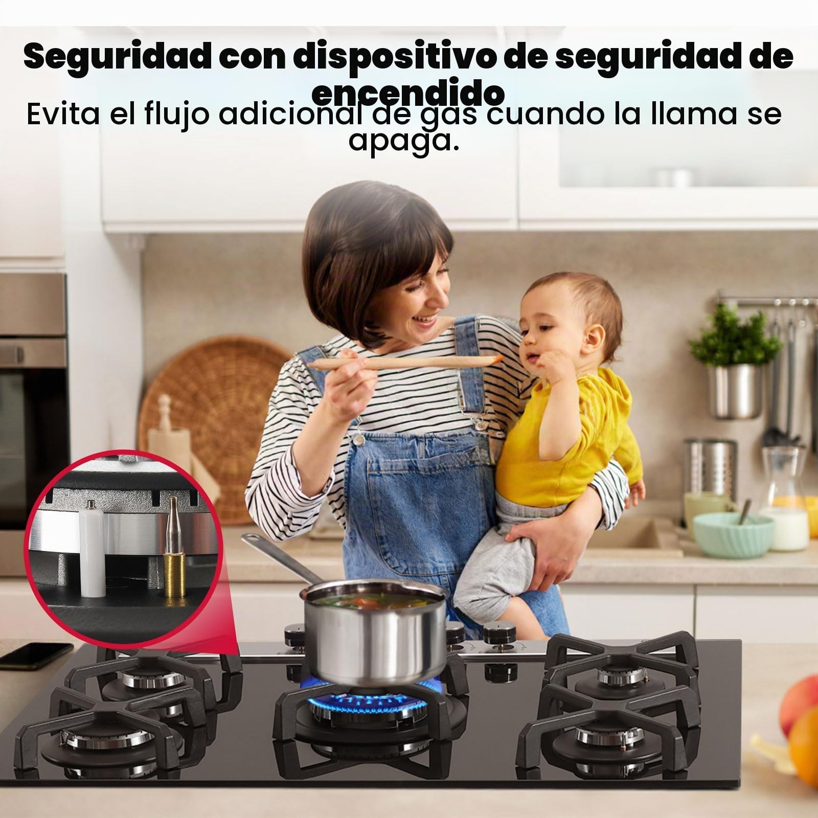 GASLAND GH6805BG1FC Cocina de Gas Butano, Encimera de Cristal Con 5 Fogones y Quemador Wok, Placa Empotrable Negra de 76 cm, 10,4 KW