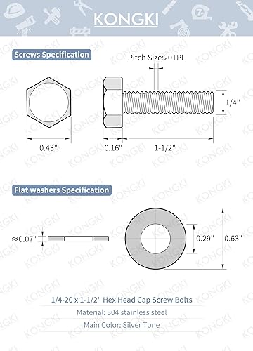 Miniatura 2 de (10 juegos) Tornillos de cabeza hexagonal de acero inoxidable de 14-20x1-12 pulgadas, tuercas, kits de arandelas planas y de bloqueo, acero