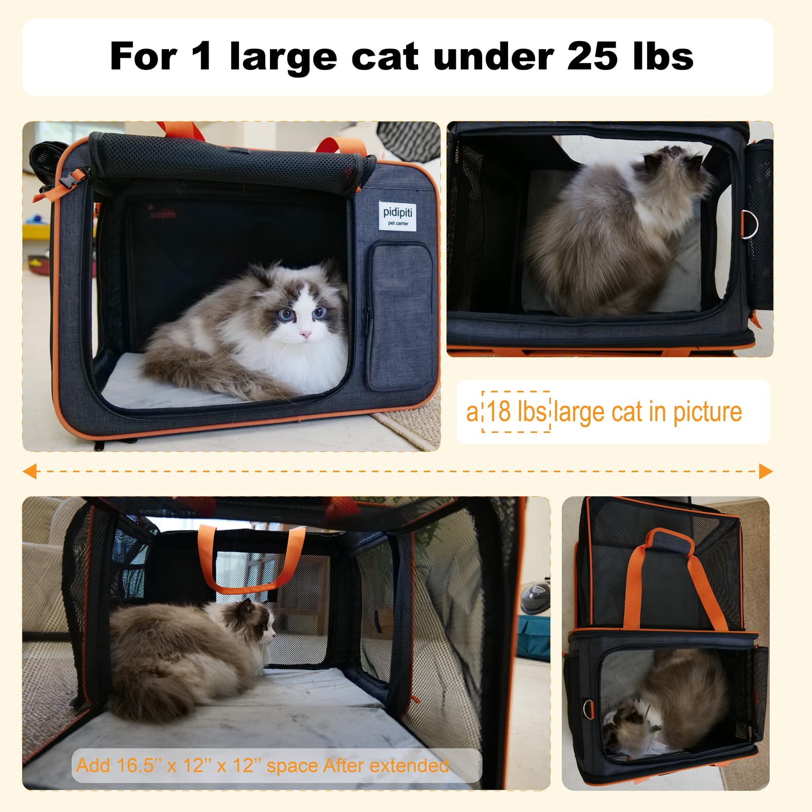 Transportín expandible para Mascotas de 20 Pulgadas de Largo x 14 Pulgadas de Ancho x 14 Pulgadas de Alto para 2 Gatos pequeños y medianos/1 Gato Mediano/1 Perro pequeño, para Viajes en Coche