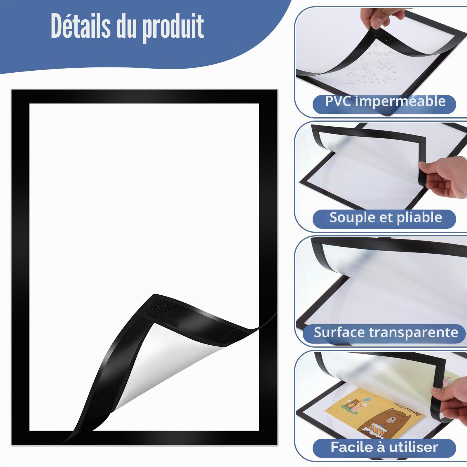 Lot de 25 Cadres Magnétiques A4 Auto-Adhésifs, Cadres d'Affichage avec Fermeture Magnétique, Pochettes d'Information pour Documents, Avis, Bureau, École, Magasin
