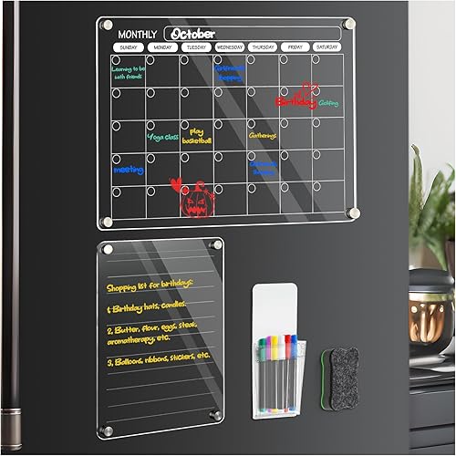 Calendario acrílico magnético para nevera, 2 piezas de 16 x 12 pulgadas, mensual y memorándum reutilizable, pizarra de borrado en seco, calendario