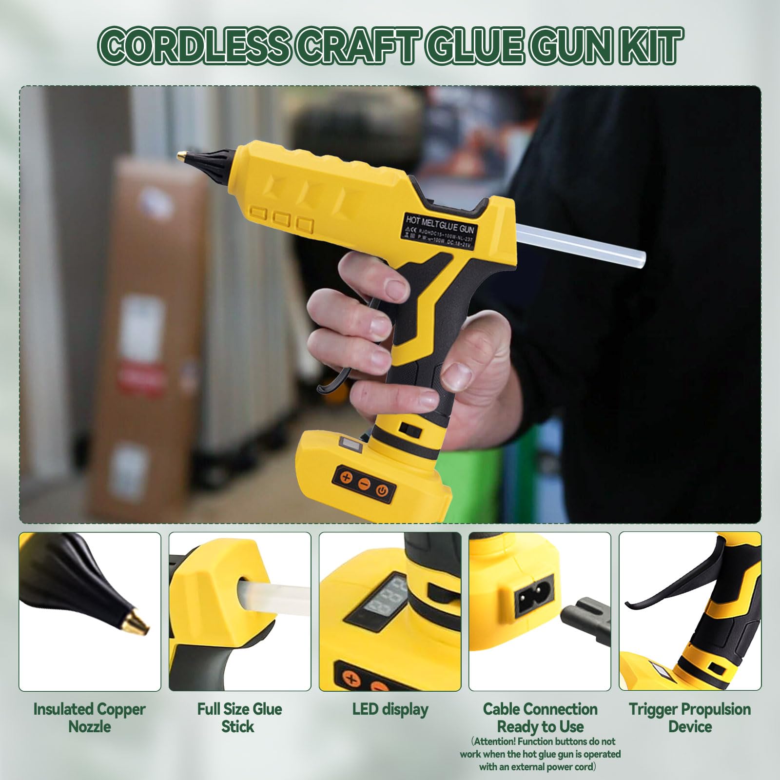 Akku-Heißklebepistole für Dewalt 20 V, 100 W, Dual-Power-Heißklebepistole zum Basteln, mit 30 Stück Klebepistolen-Sticks, 11 mm, für Heimwerker, Kunst, Handwerk (ohne Batterie)