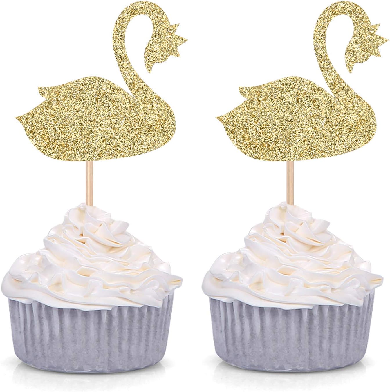 24 Counts Swan Lake Ballerina Cupcake Toppers for Princess Girl Birthday Party Supply - Gold