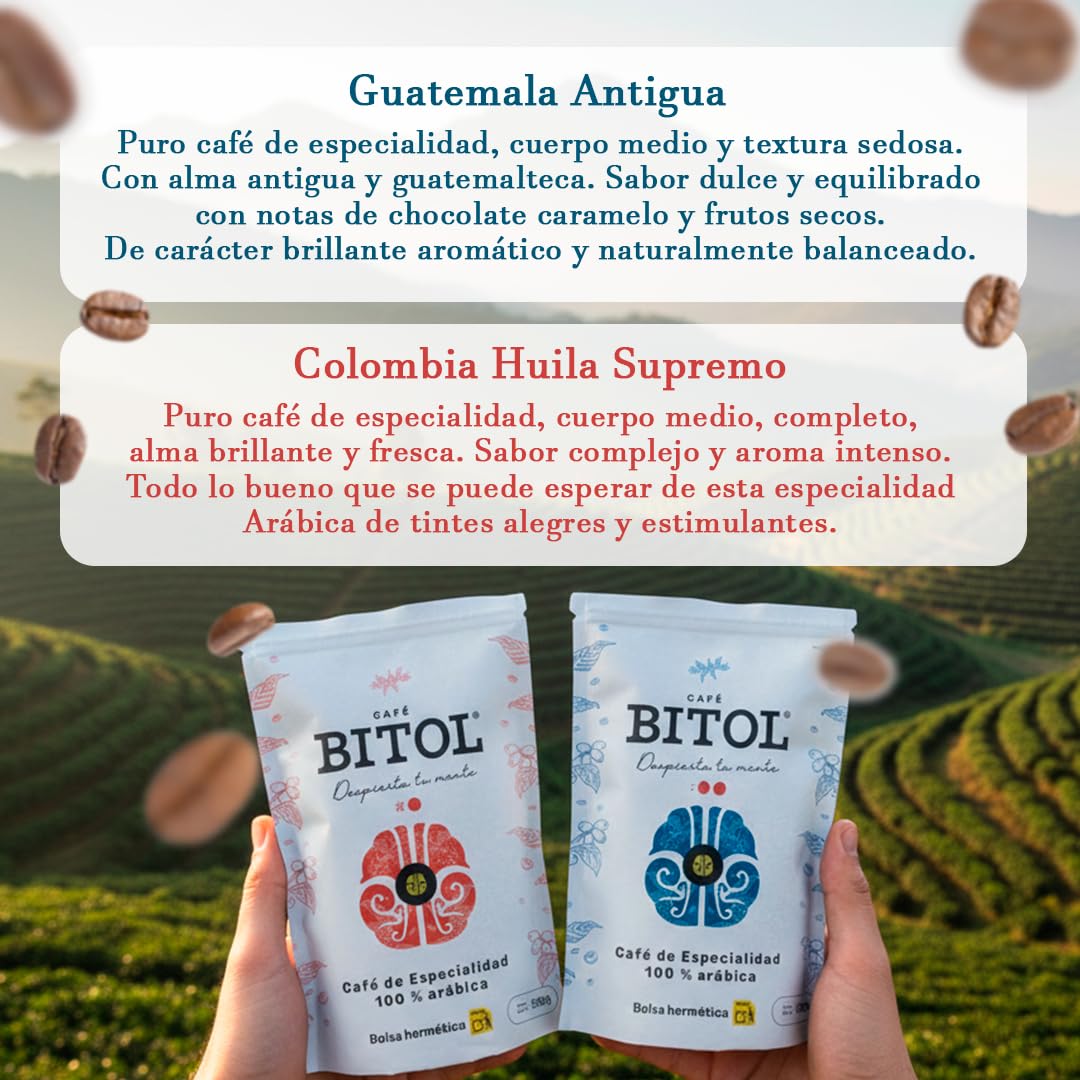 BITOL COFFEE | Café de Especialidad en Grano Natural | 100% Arábica Origen Único Colombia Huila Supremo y Guatemala Antigua | Tueste Medio Gourmet | Notas de Chocolate y Frutos Secos | 1000 gr