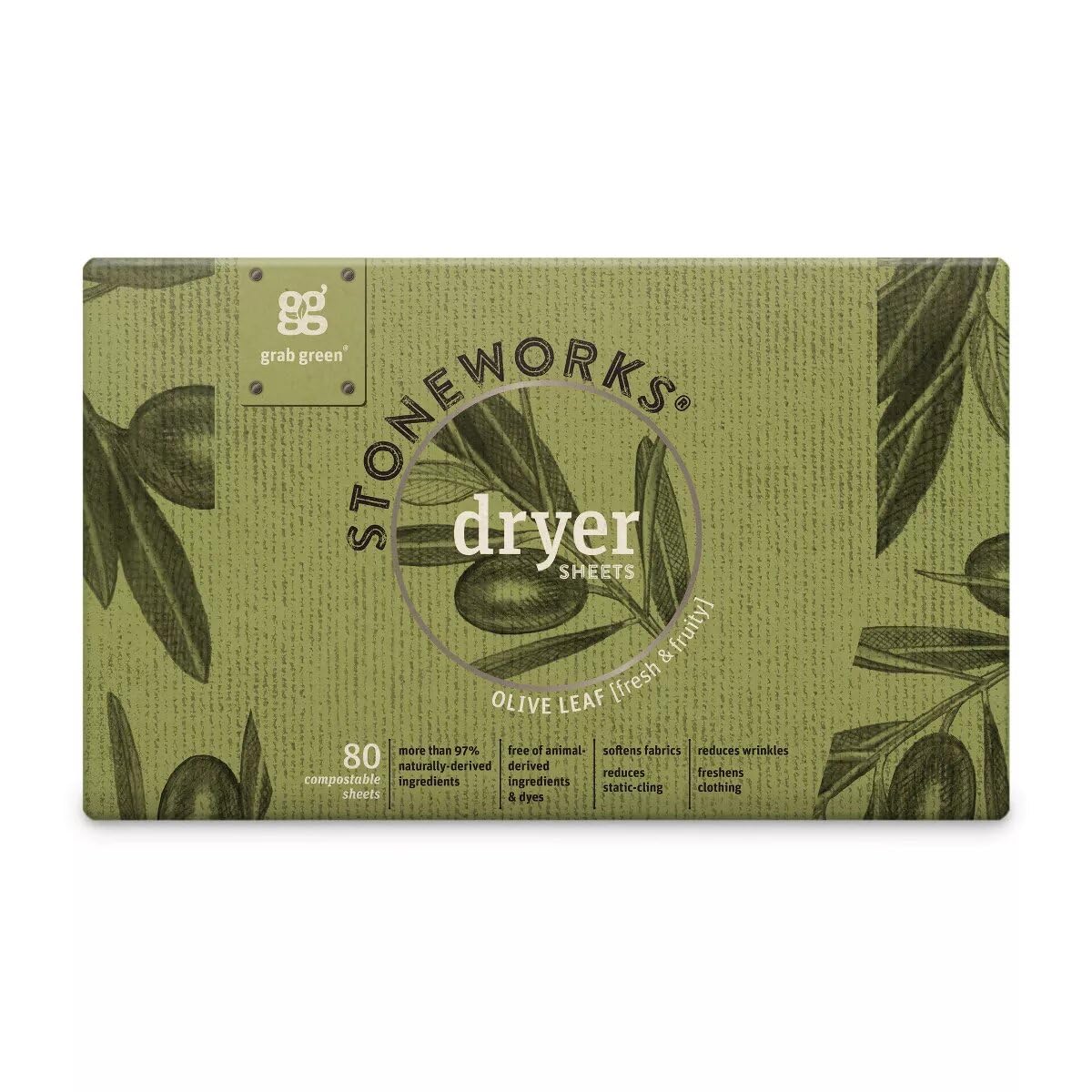 Grab Green Stoneworks Cruelty-Free Dryer Sheets | Softens Fabrics, Freshens Clothing & Reduces Static-Cling and Wrinkles | Plant Based | Olive Leaf Scent (80 Sheets)