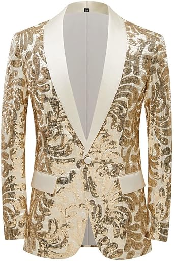 Men Stylish Satin Face Sequins Floral Pattern Suit Jacket Blazer