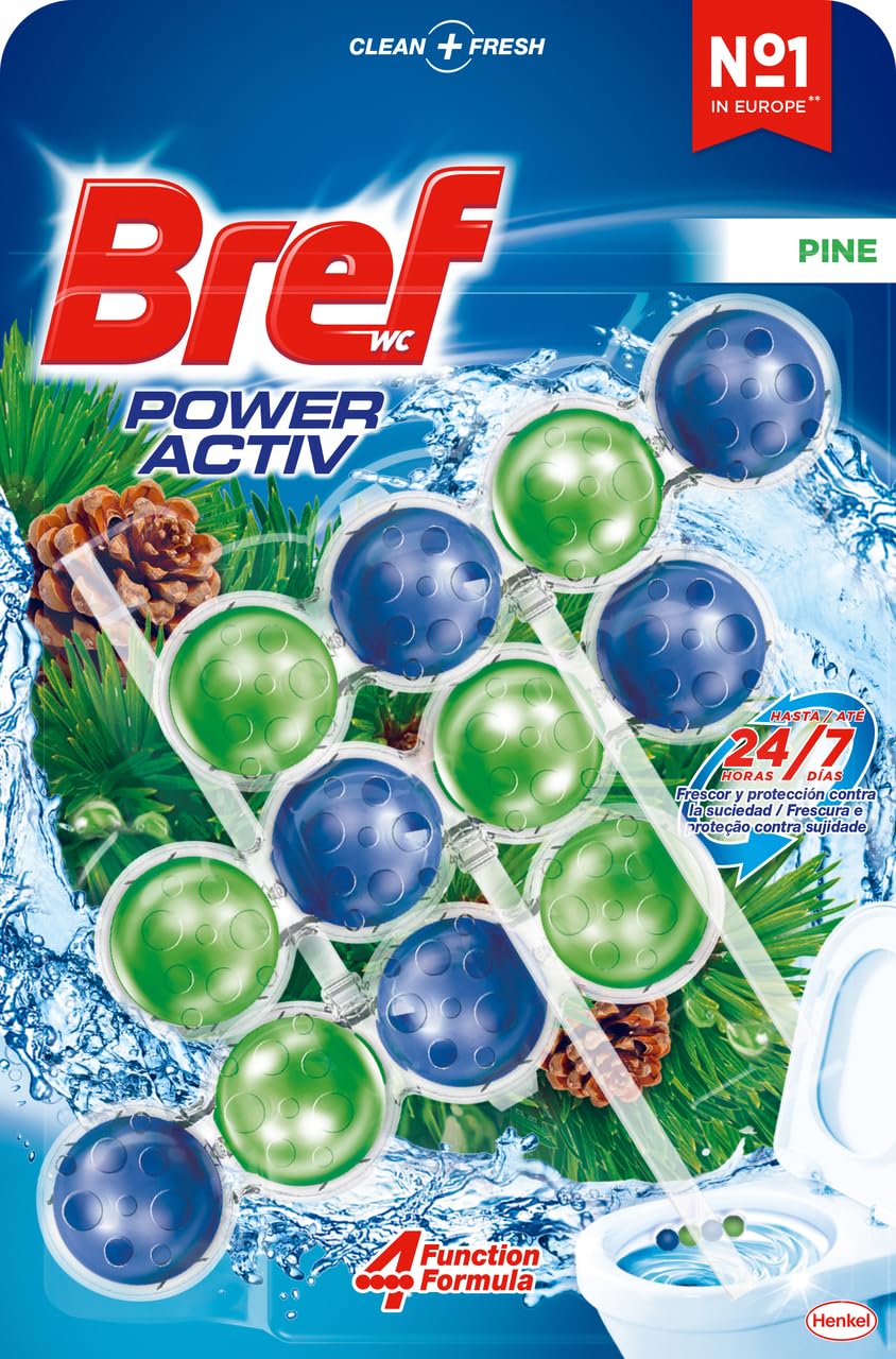 Bref Power Activ Pine (3 unidades), limpia baño con fórmula 4 en 1, cesta higiénica y protectora para inodoro, con aroma a Pino, limpiador baño antical, 24 h de protección