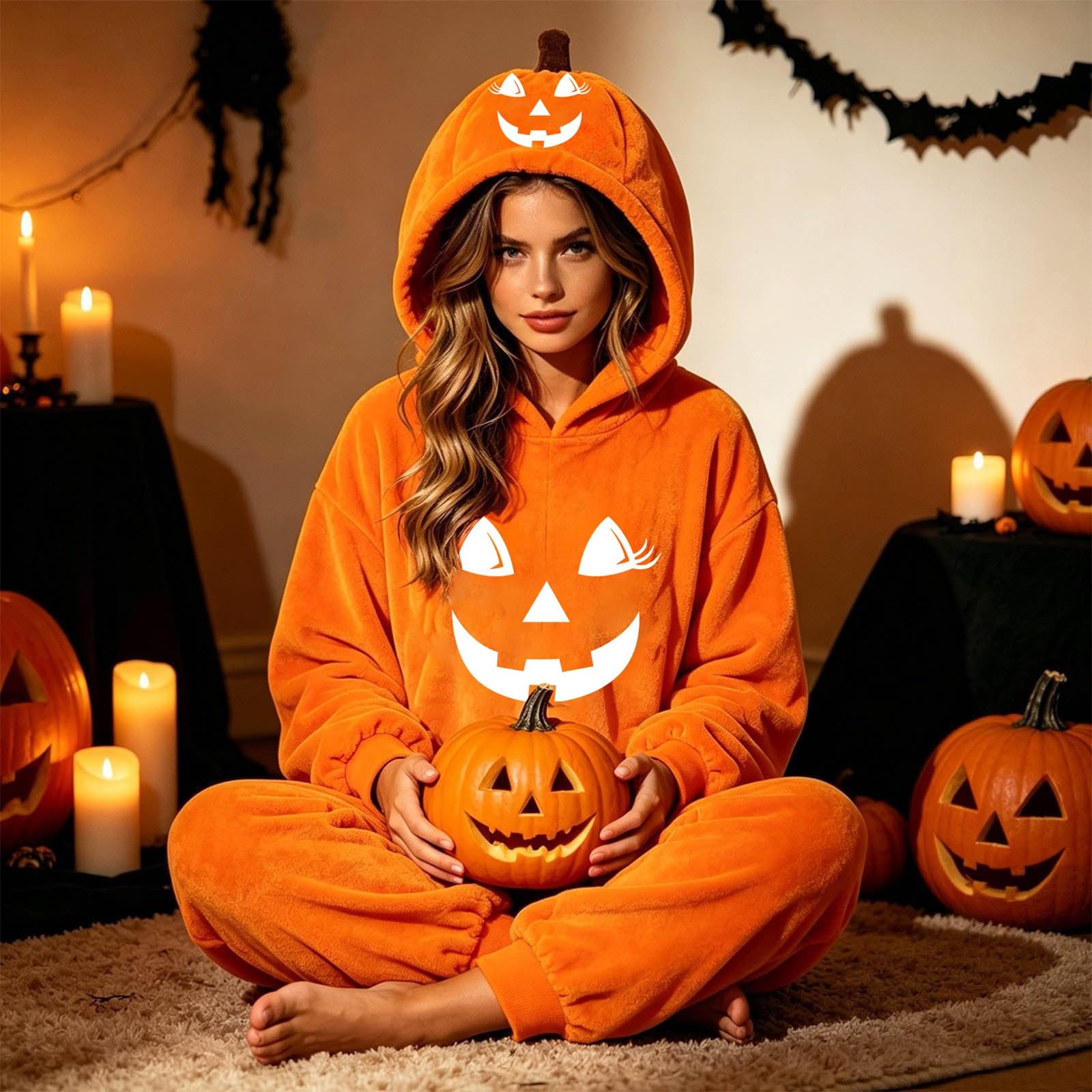 Pigiama Halloween Adulto Tuta Zucca Intera con Cappuccio Arancione Colore Arancione Vivace, Pigiama Zucca Halloween, Tuta Adulto con Cappuccio per Feste e Casa