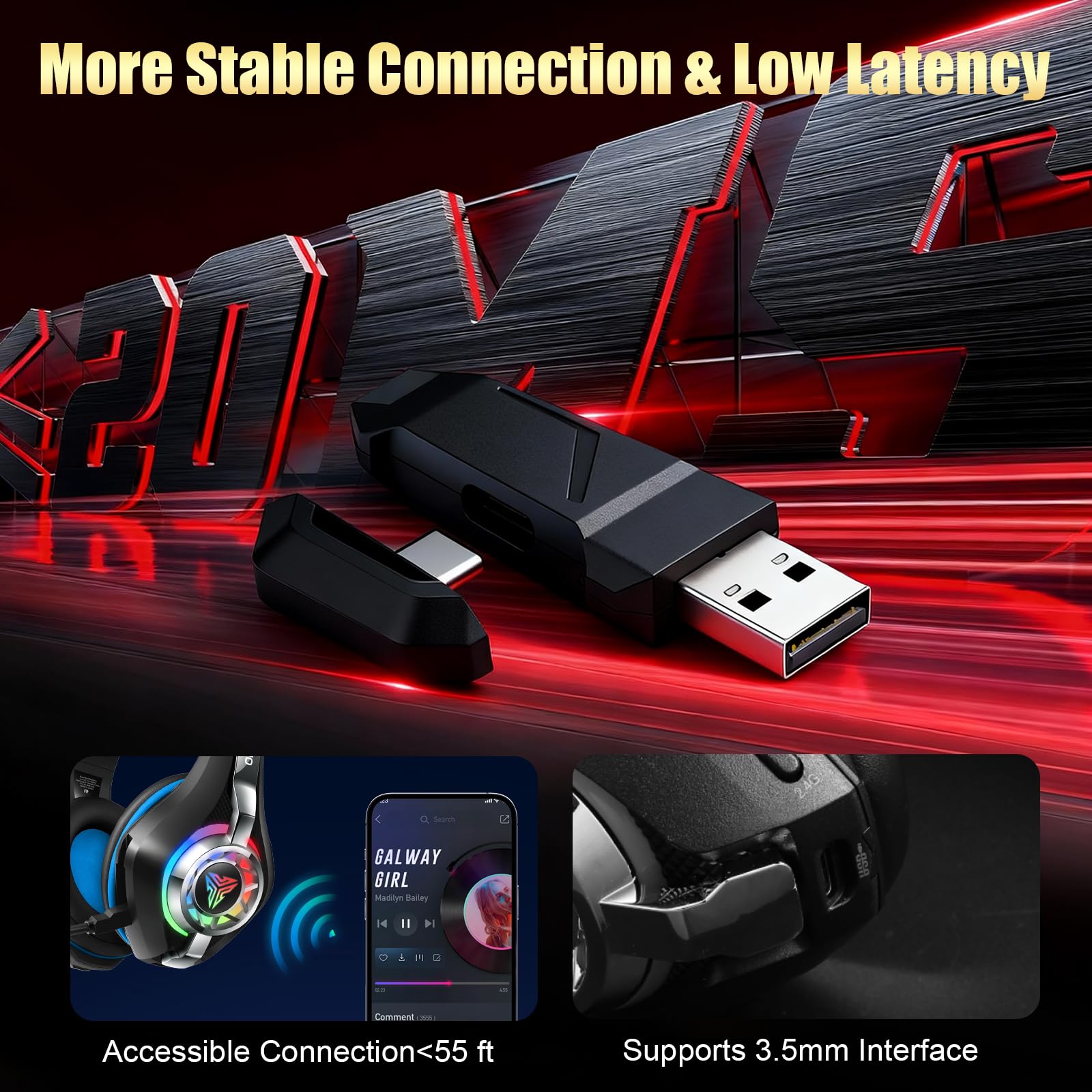 Ordtop 2.4GHz Wireless Gaming Headset for PC, PS5, PS4–Low Latency Bluetooth 5.4 Headset with ENC Noise Cancelling Mic, 7.1 Surround Sound, 40H Playtime, Ultra-Lightweight 276g (Wired Mode for Xbox) - 4