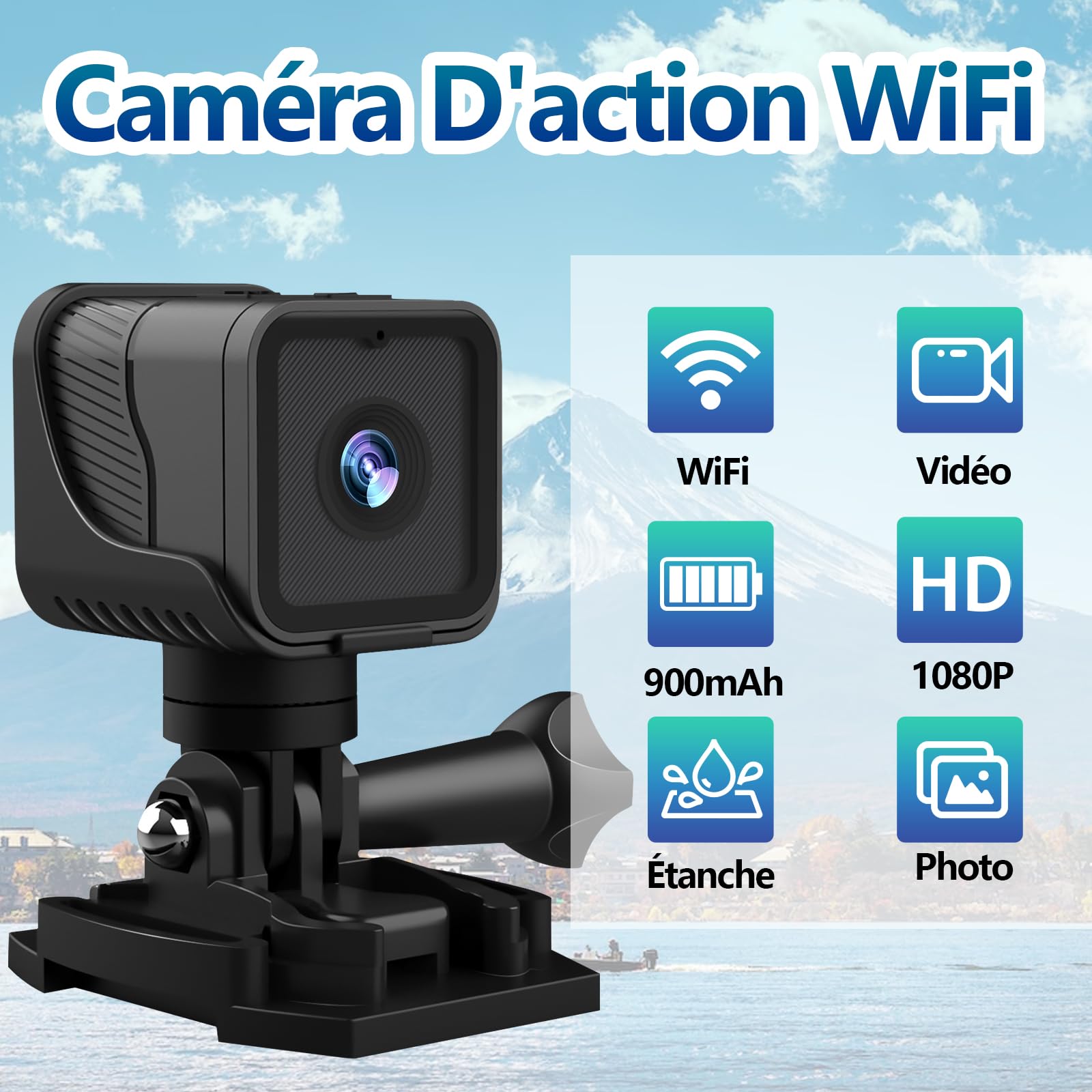 Action Cam 1080P WiFi 120° étanche, Camera Moto/Velo 4h