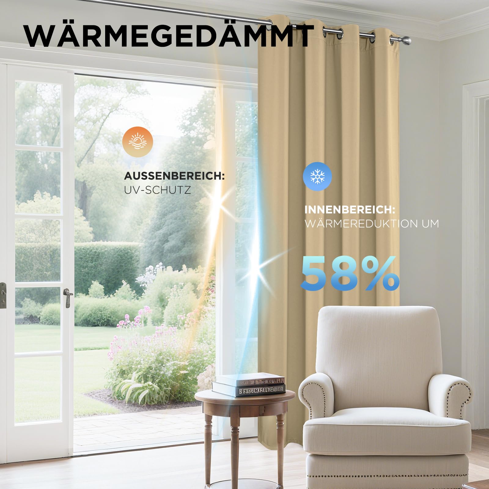 Joydeco Blickdichte Vorhänge mit Ösen Gardinen 2 Stück H 200 x B 140 Verdunkelungsvorhang Beige Thermovorhang Hitzeschutz – Bild 5