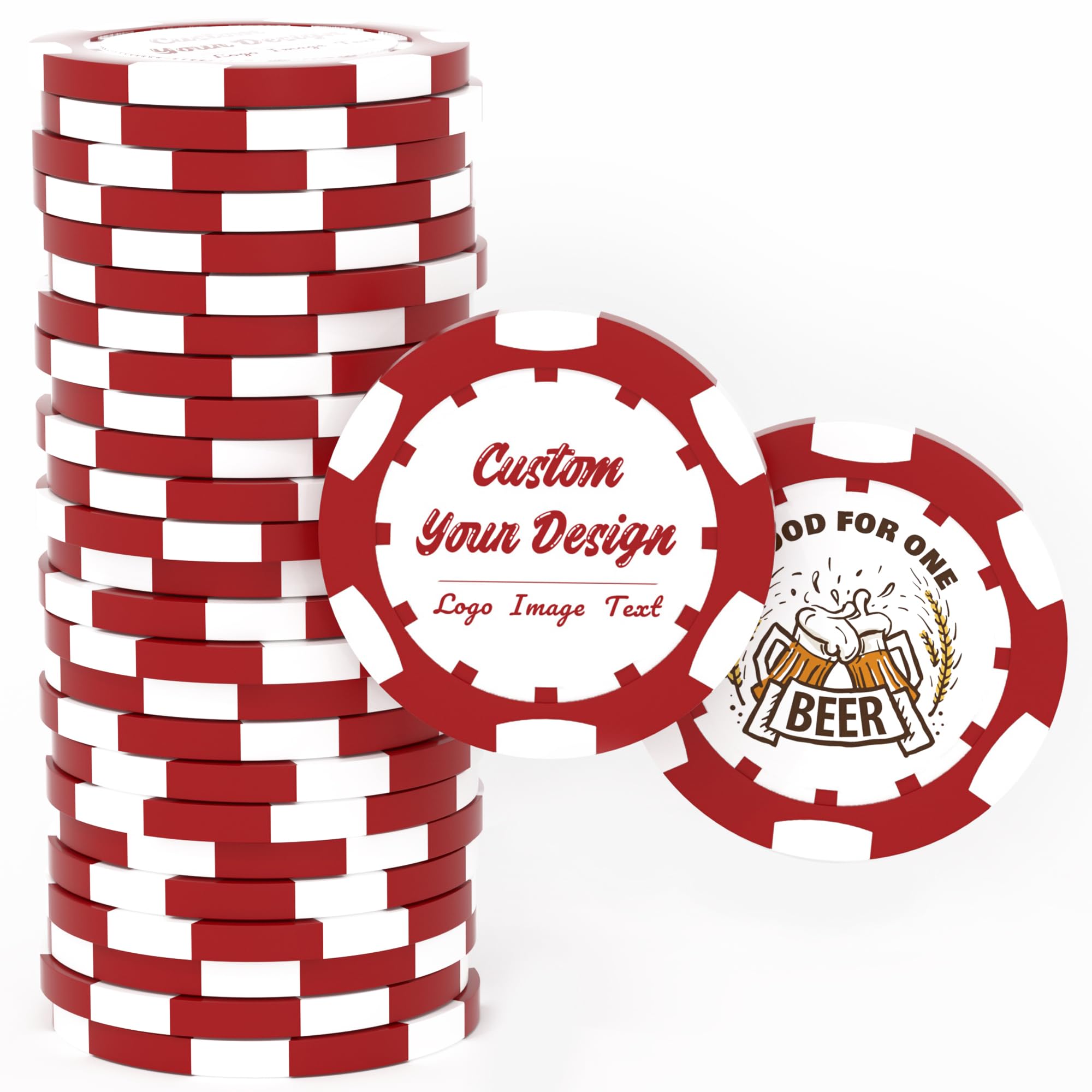 50 Custom Clay Poker Chips, 40mm Heavy 11.5 Grams Casino Sized Personalized Poker Chips with Logo, Image or Text, Customized Drink Tokens for Bar, Party, Business Card, Golf Club or Events (Red)