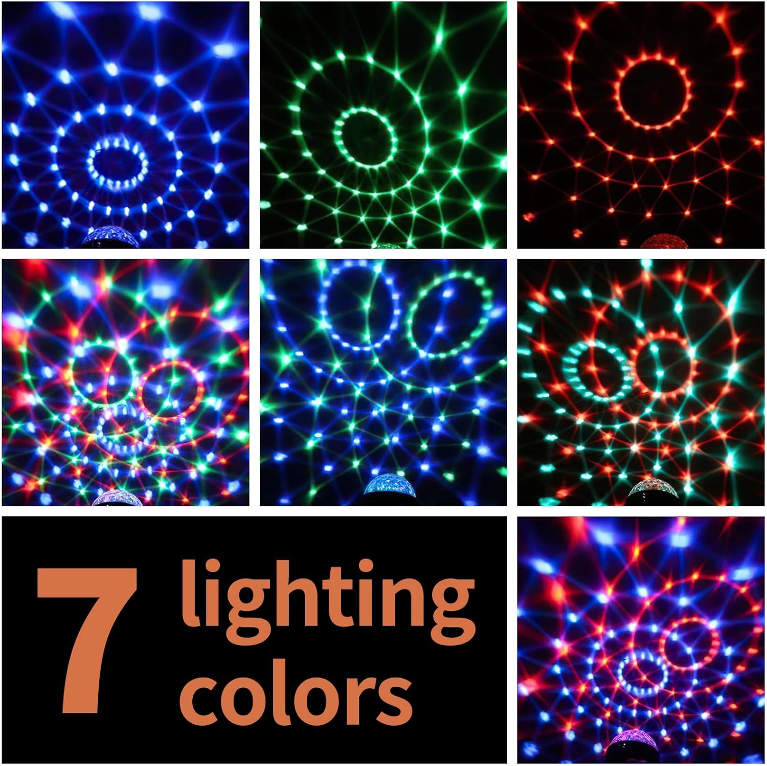 Seven different color patterns projected by the disco ball light